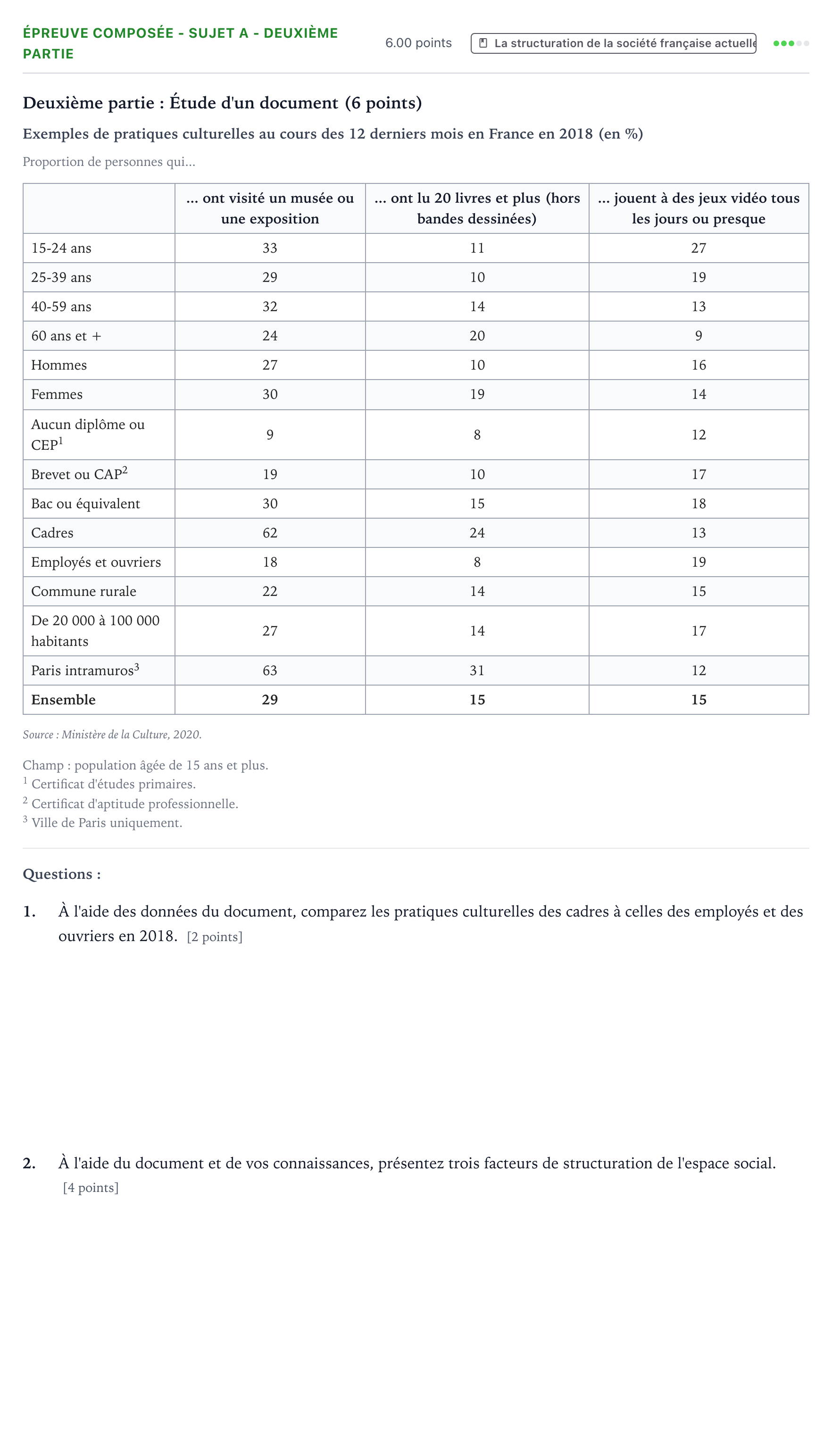 Énoncé: Épreuve composée - Sujet A - Deuxième partie · Bac Sciences Économiques et Sociales Amérique du Sud 2022 (jour 1)