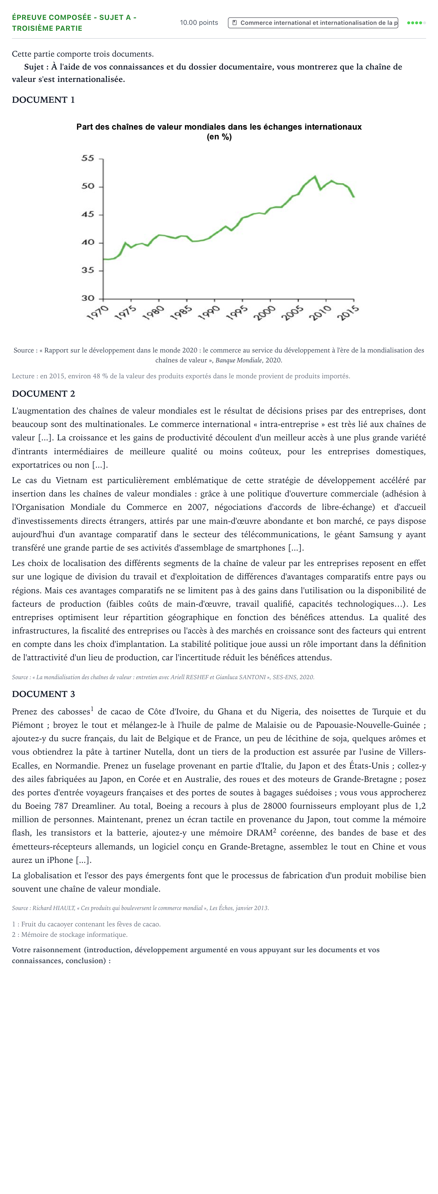 Énoncé: Épreuve composée - Sujet A - Troisième partie · Bac Sciences Économiques et Sociales Amérique du Sud 2022 (jour 1)
