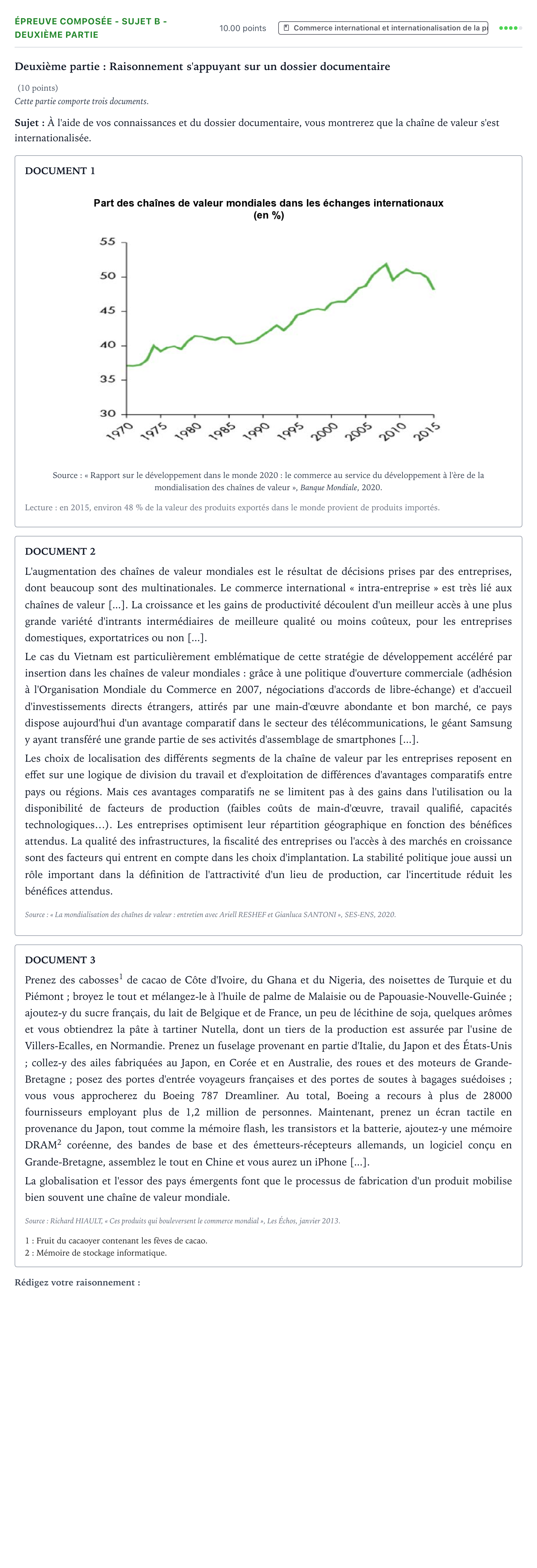 Énoncé: Épreuve composée - Sujet B - Deuxième partie · Bac Sciences Économiques et Sociales Amérique du Sud 2022 (jour 1)