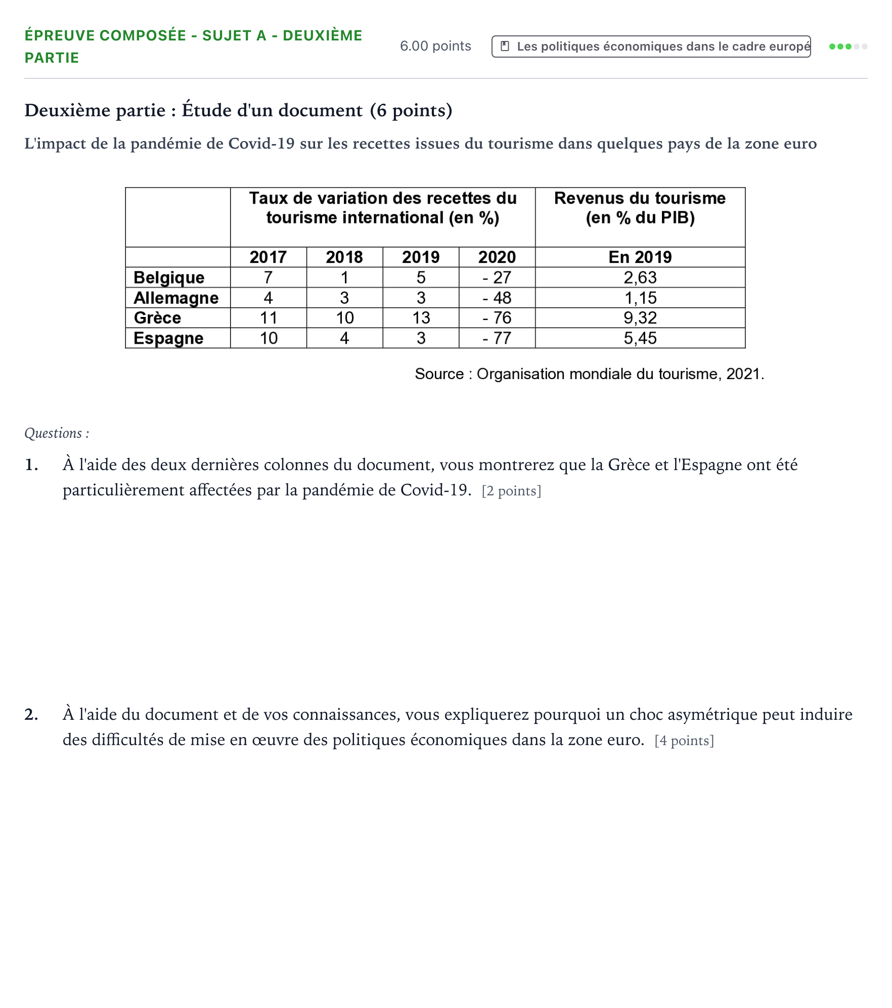 Énoncé: Épreuve composée - Sujet A - Deuxième partie · Bac Sciences Économiques et Sociales Amérique du Sud 2022 (jour 2)