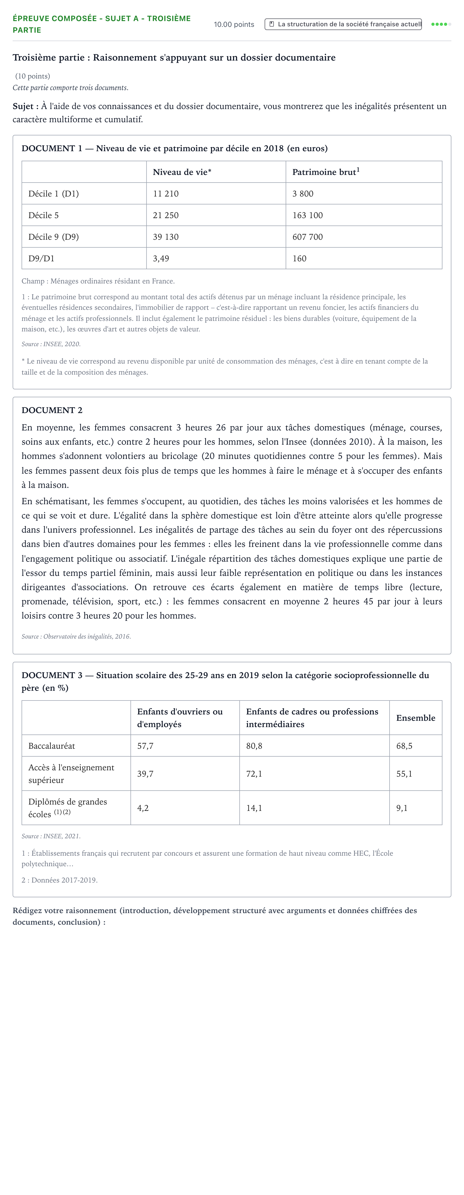 Énoncé: Épreuve composée - Sujet A - Troisième partie · Bac Sciences Économiques et Sociales Amérique du Sud 2022 (jour 2)