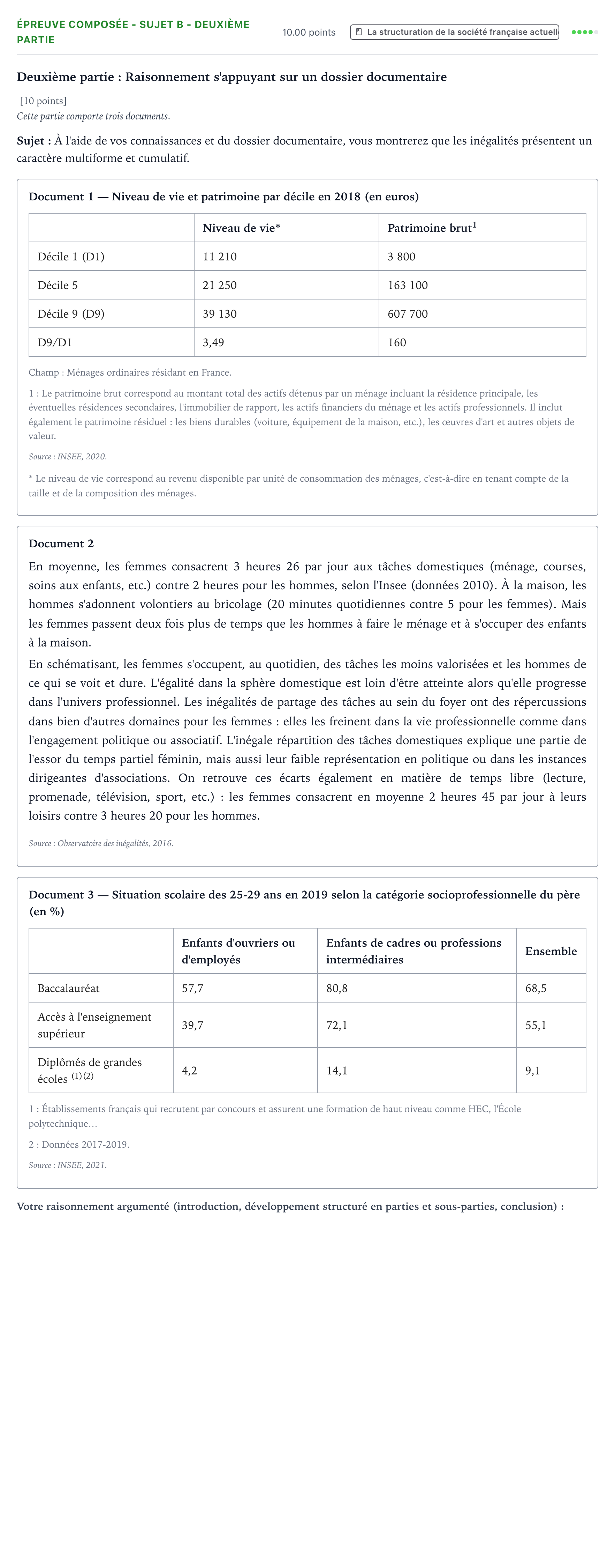 Énoncé: Épreuve composée - Sujet B - Deuxième partie · Bac Sciences Économiques et Sociales Amérique du Sud 2022 (jour 2)