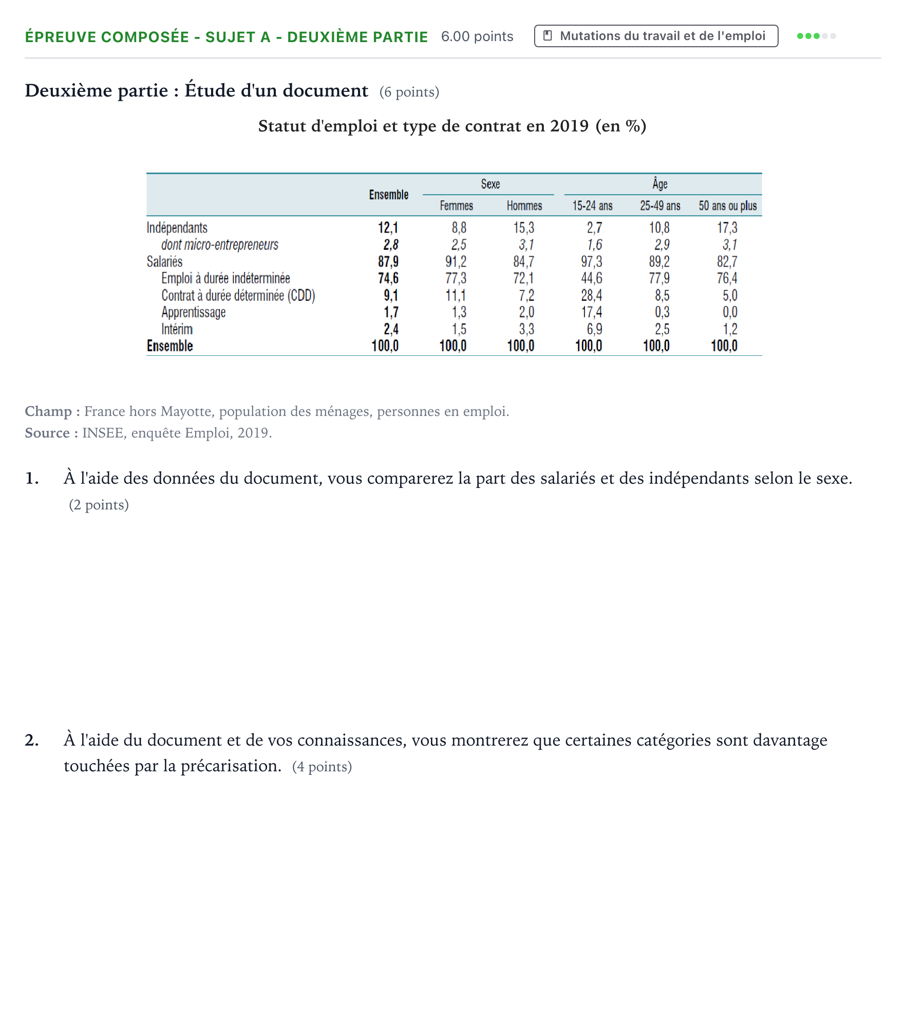 Énoncé: Épreuve composée - Sujet A - Deuxième partie · Bac Sciences Économiques et Sociales Asie 2022 (jour 1)