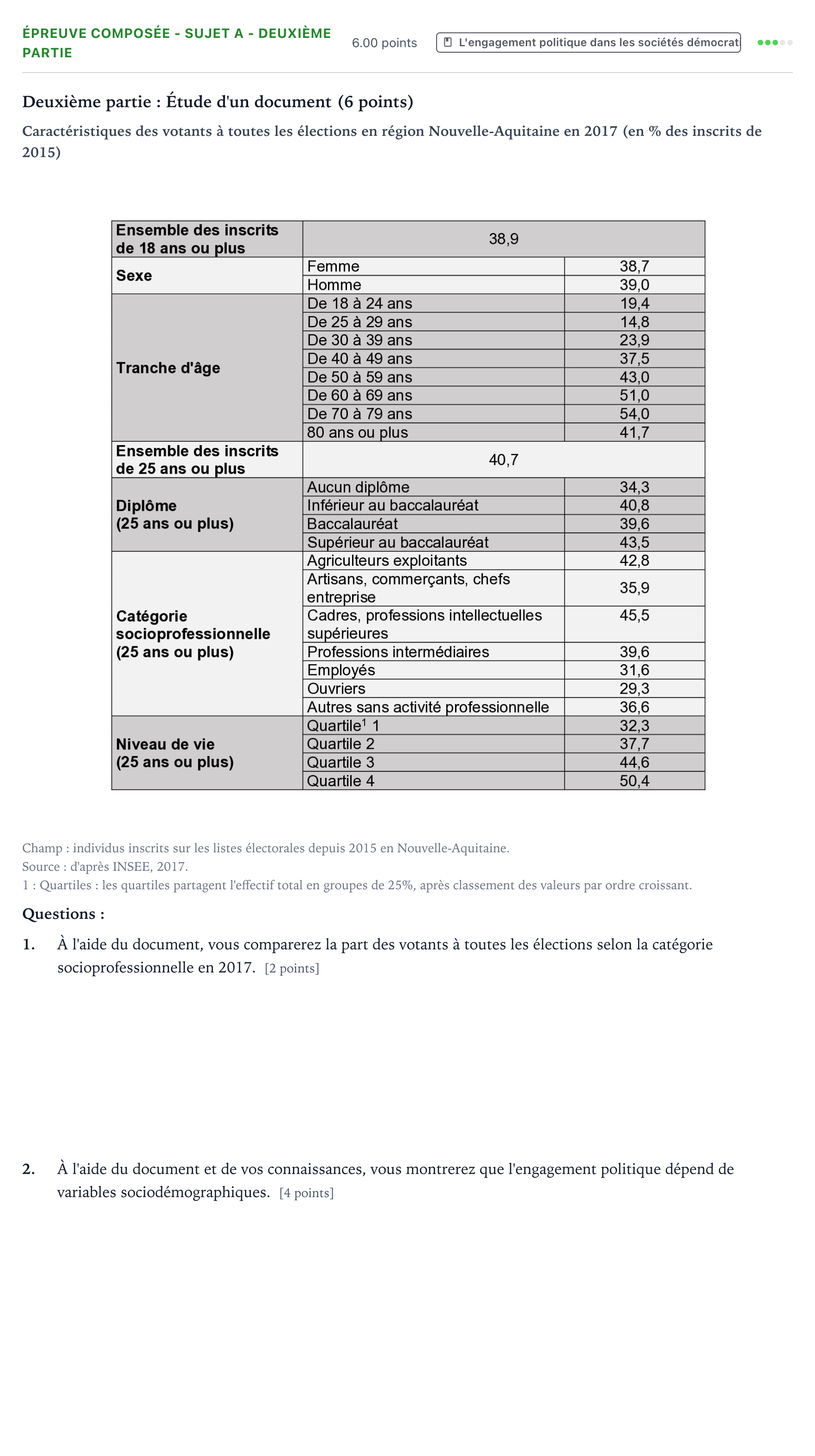 Énoncé: Épreuve composée - Sujet A - Deuxième partie · Bac Sciences Économiques et Sociales Asie 2022 (jour 2)