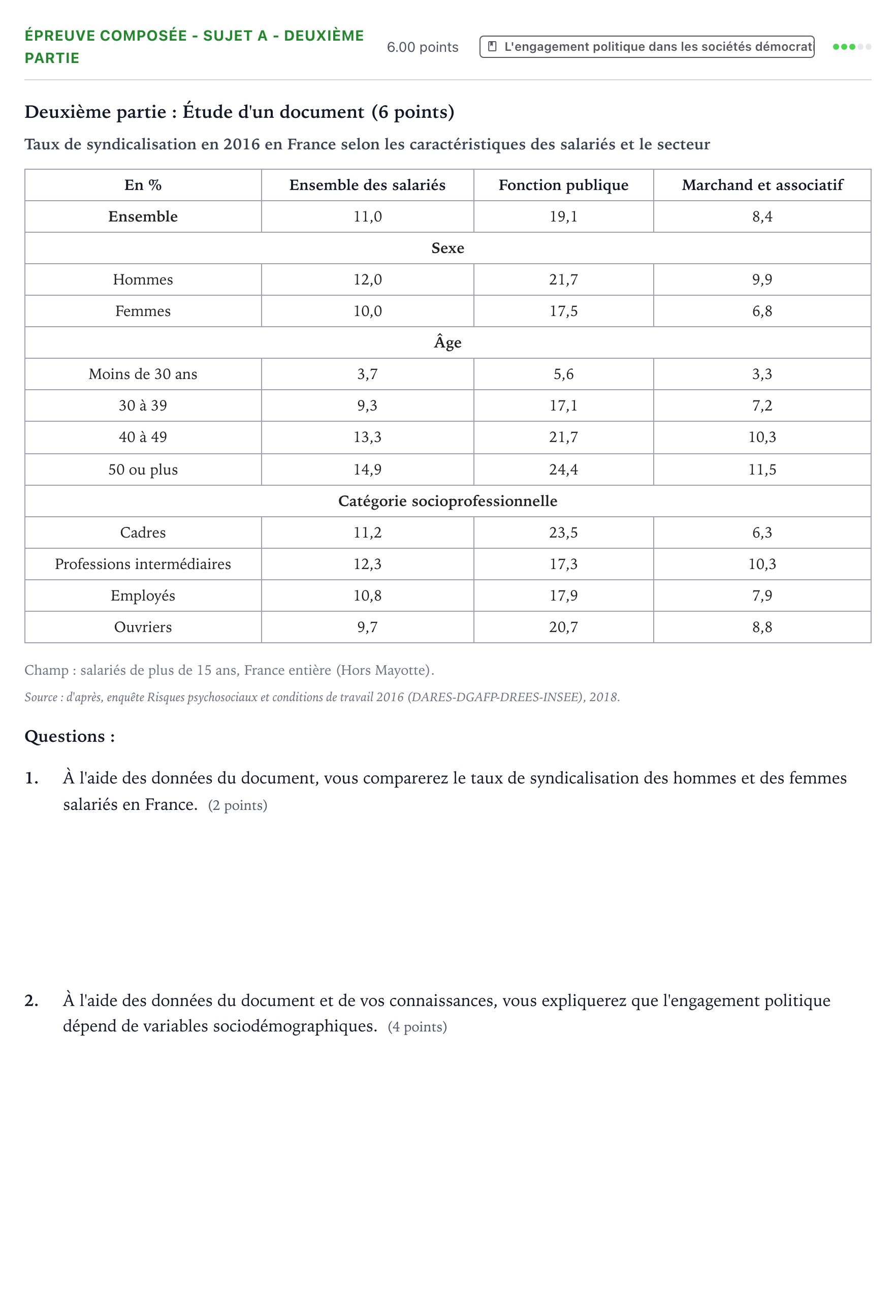 Énoncé: Épreuve composée - Sujet A - Deuxième partie · Bac Sciences Économiques et Sociales Centres étrangers (Afrique) 2022 (jour 2)