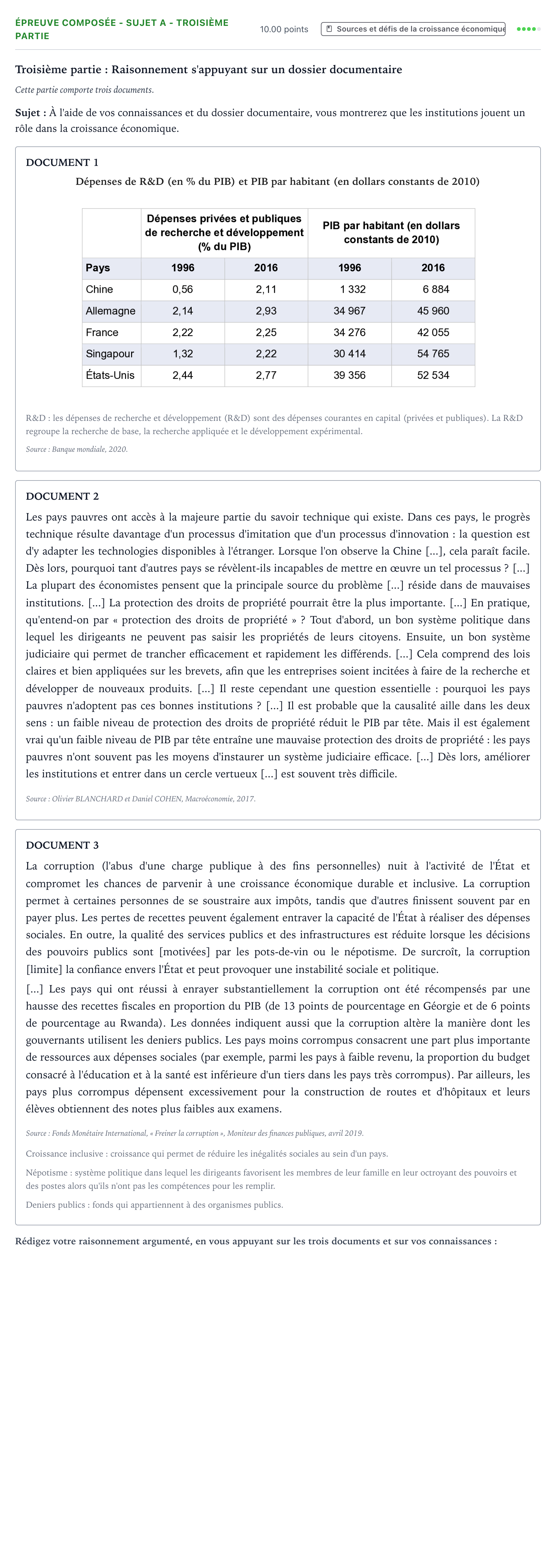 Énoncé: Épreuve composée - Sujet A - Troisième partie · Bac Sciences Économiques et Sociales Mayotte-Liban 2022 (jour 2)