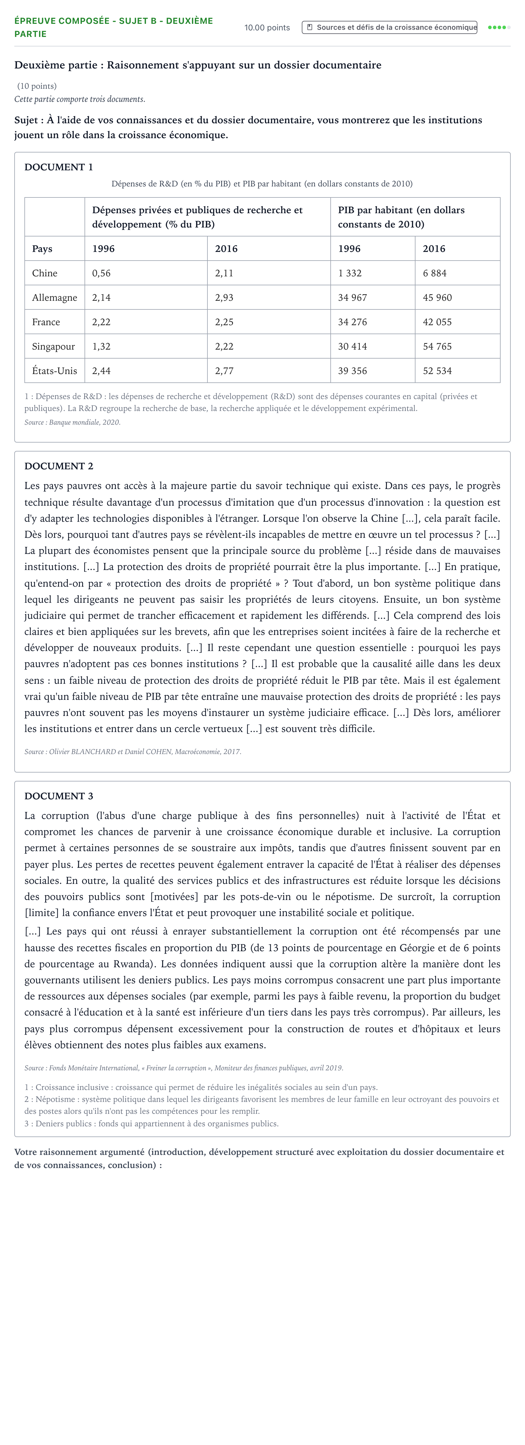 Énoncé: Épreuve composée - Sujet B - Deuxième partie · Bac Sciences Économiques et Sociales Mayotte-Liban 2022 (jour 2)