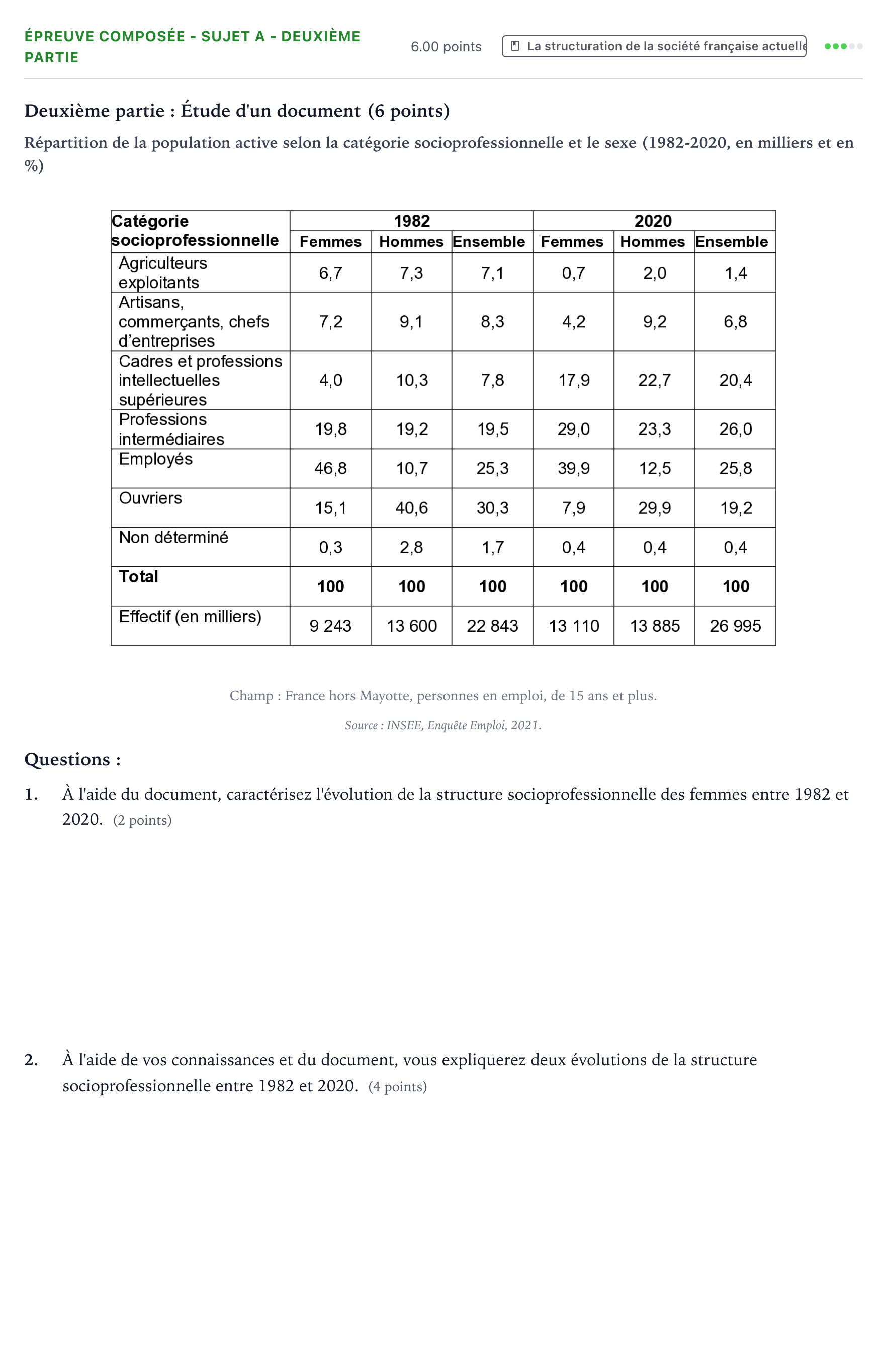 Énoncé: Épreuve composée - Sujet A - Deuxième partie · Bac Sciences Économiques et Sociales Métropole 1 remplacement 2022