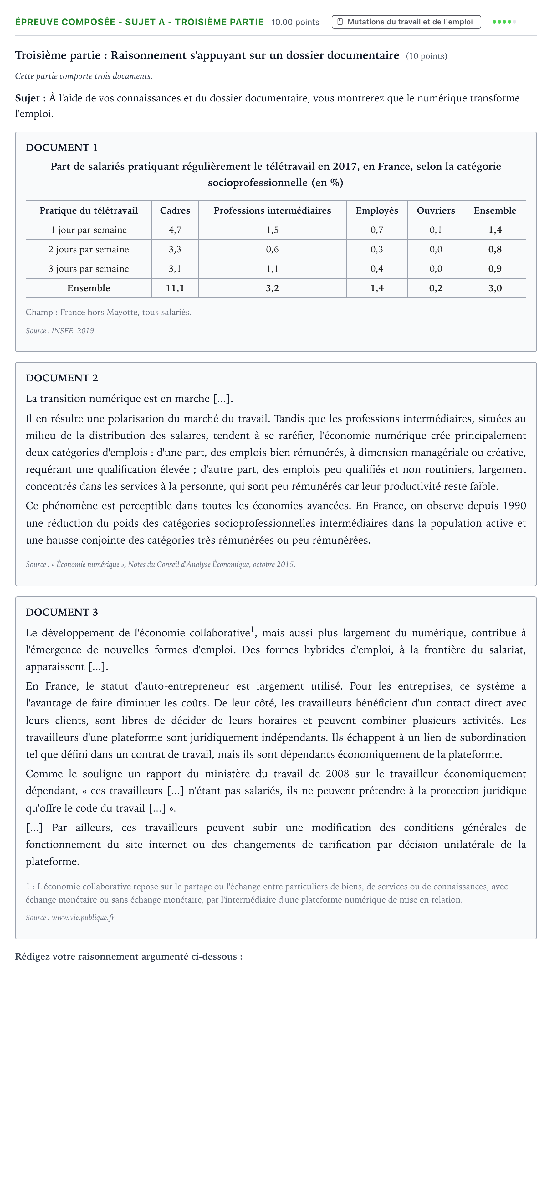Énoncé: Épreuve composée - Sujet A - Troisième partie · Bac Sciences Économiques et Sociales Métropole 2 remplacement 2022
