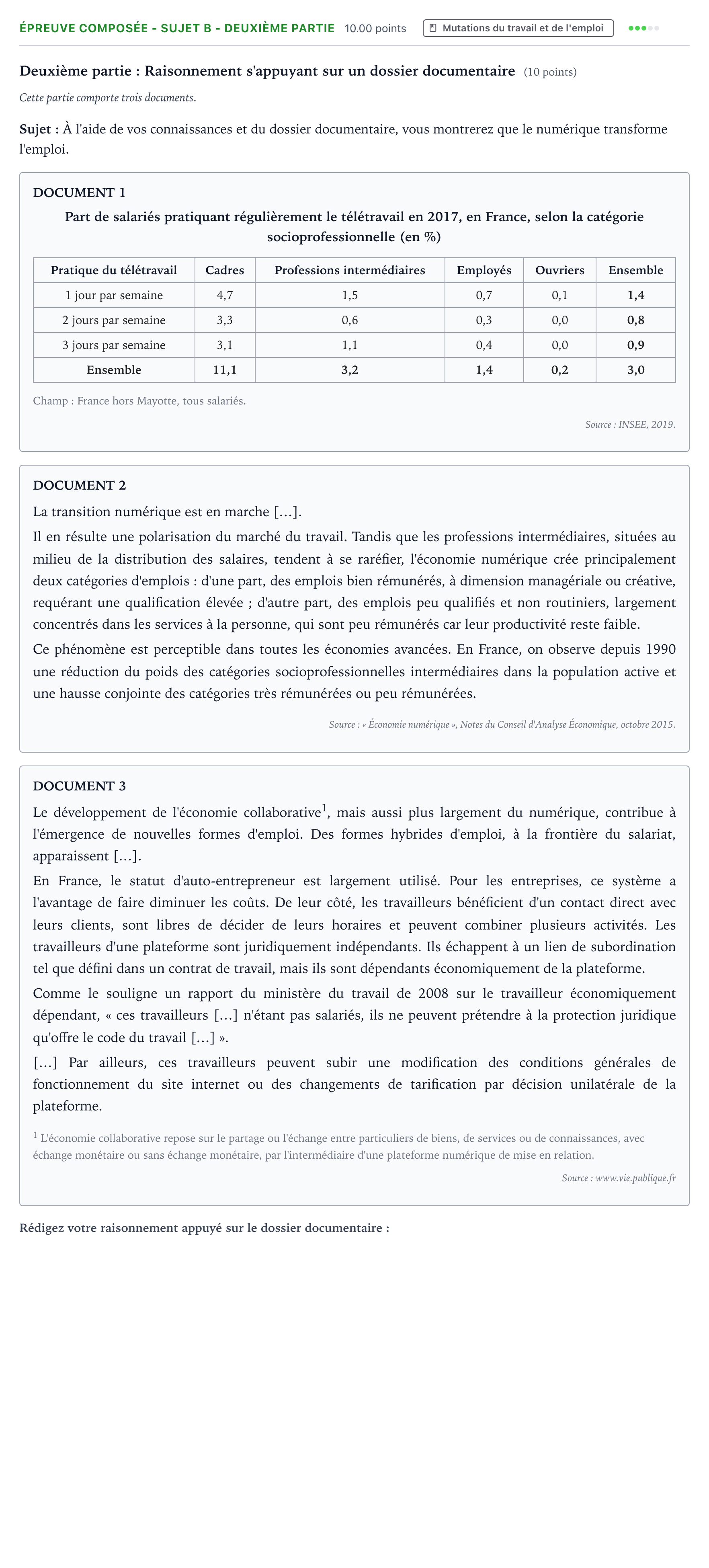 Énoncé: Épreuve composée - Sujet B - Deuxième partie · Bac Sciences Économiques et Sociales Métropole 2 remplacement 2022