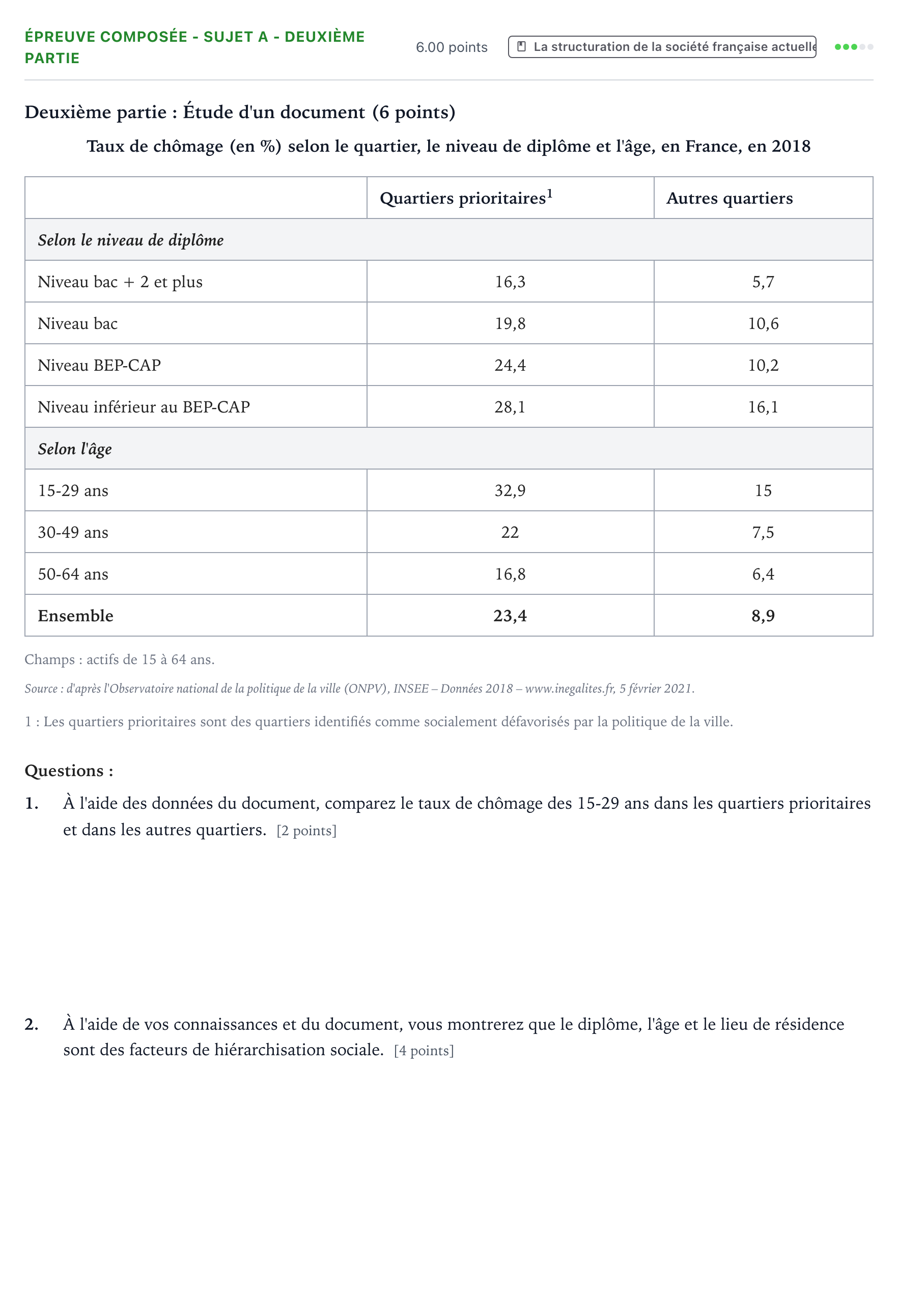 Énoncé: Épreuve composée - Sujet A - Deuxième partie · Bac Sciences Économiques et Sociales Nouvelle-Calédonie 2022 (jour 1)