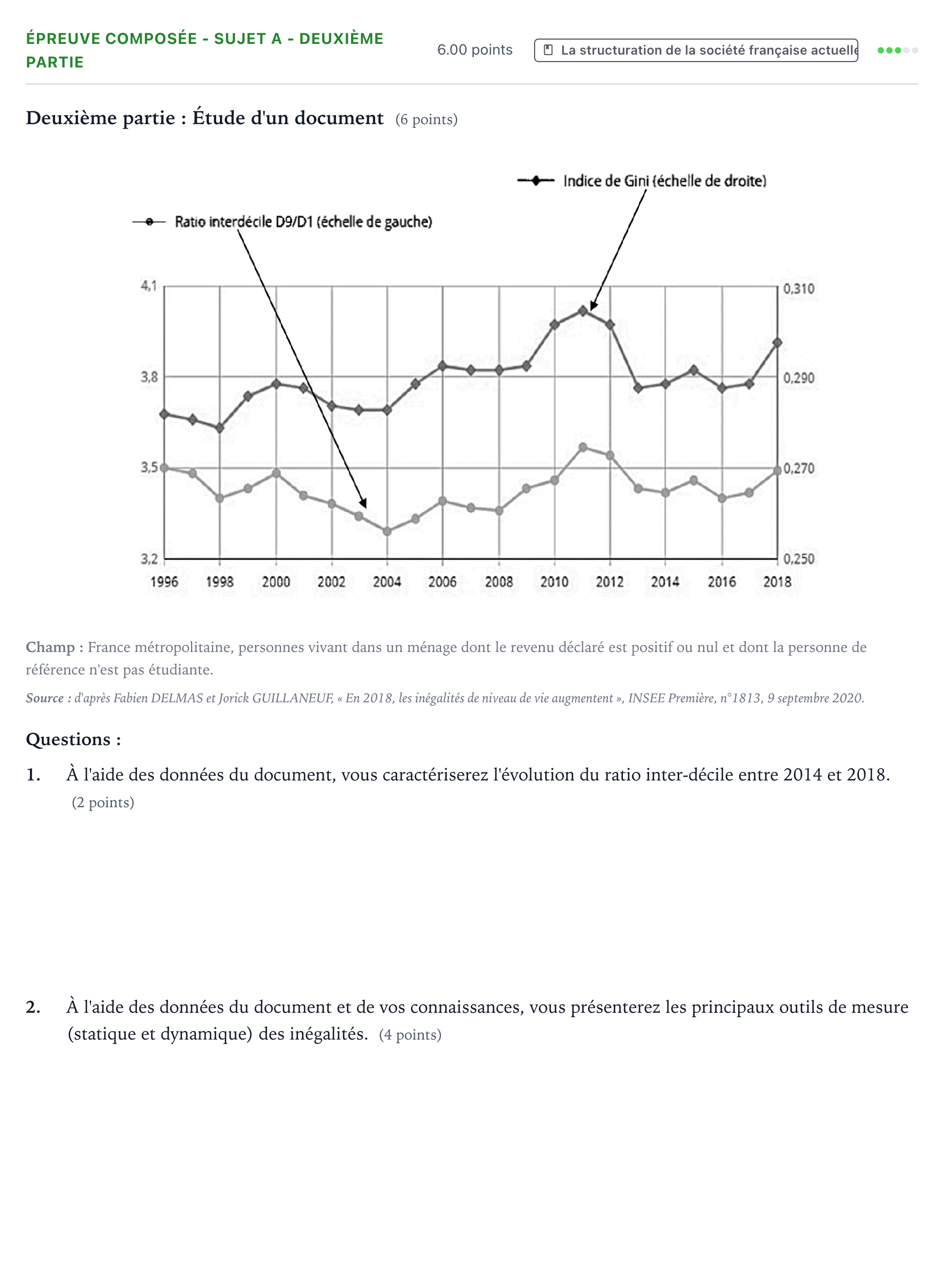 Énoncé: Épreuve composée - Sujet A - Deuxième partie · Bac Sciences Économiques et Sociales Nouvelle-Calédonie 2022 (jour 2)