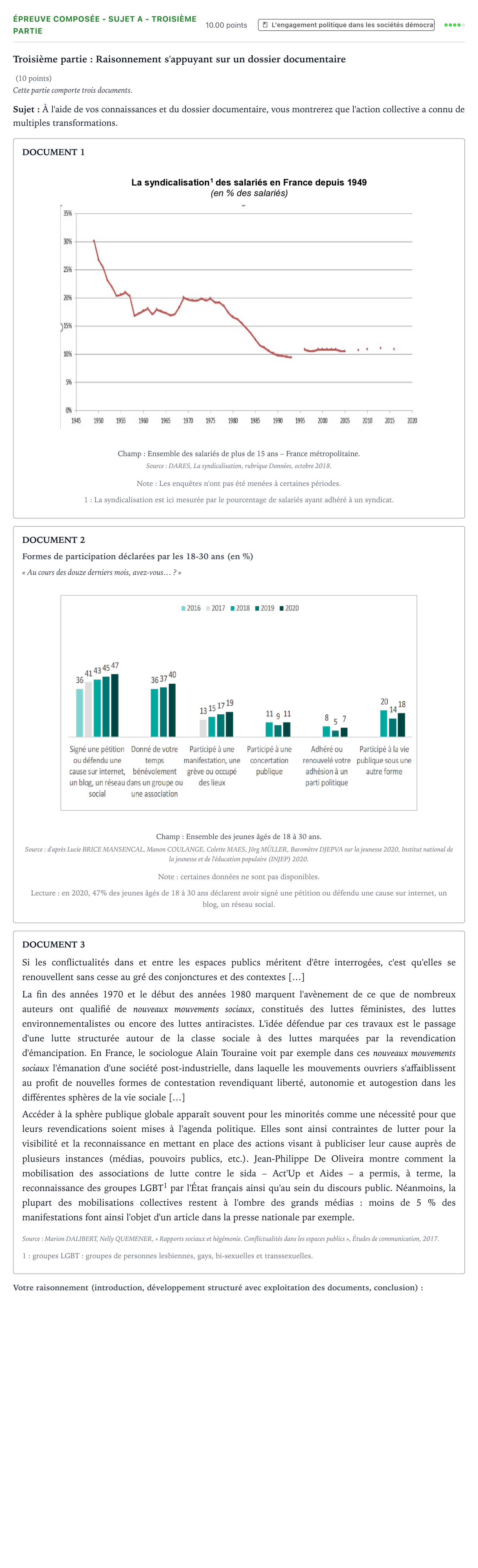 Énoncé: Épreuve composée - Sujet A - Troisième partie · Bac Sciences Économiques et Sociales Polynésie 2022 (jour 1)