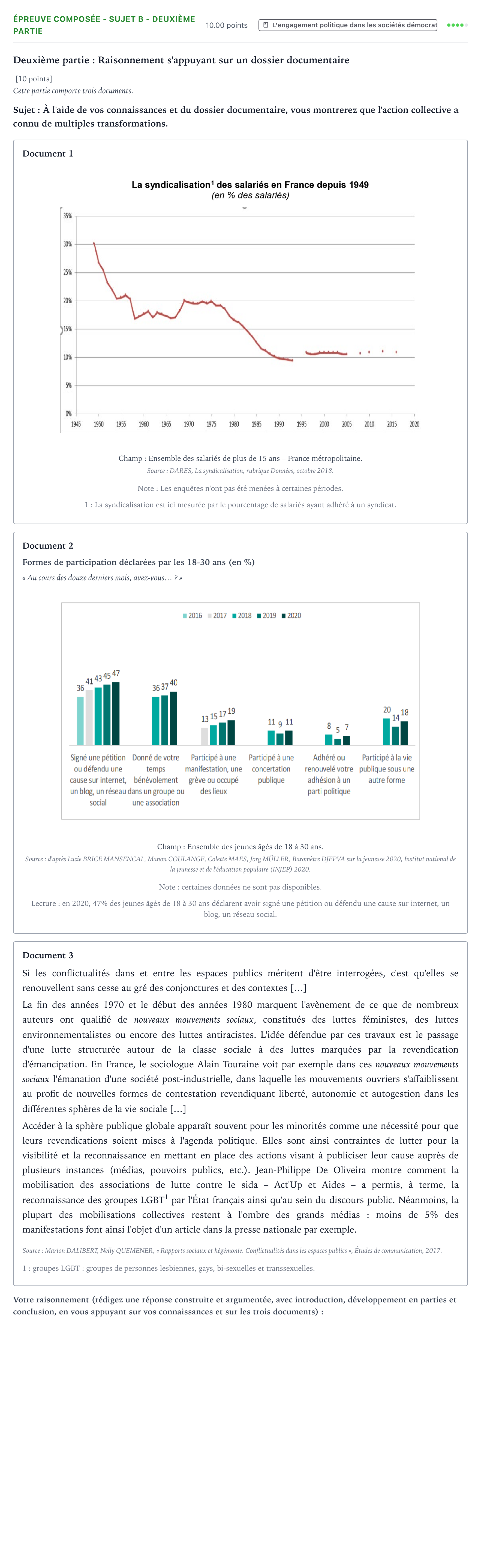 Énoncé: Épreuve composée - Sujet B - Deuxième partie · Bac Sciences Économiques et Sociales Polynésie 2022 (jour 1)