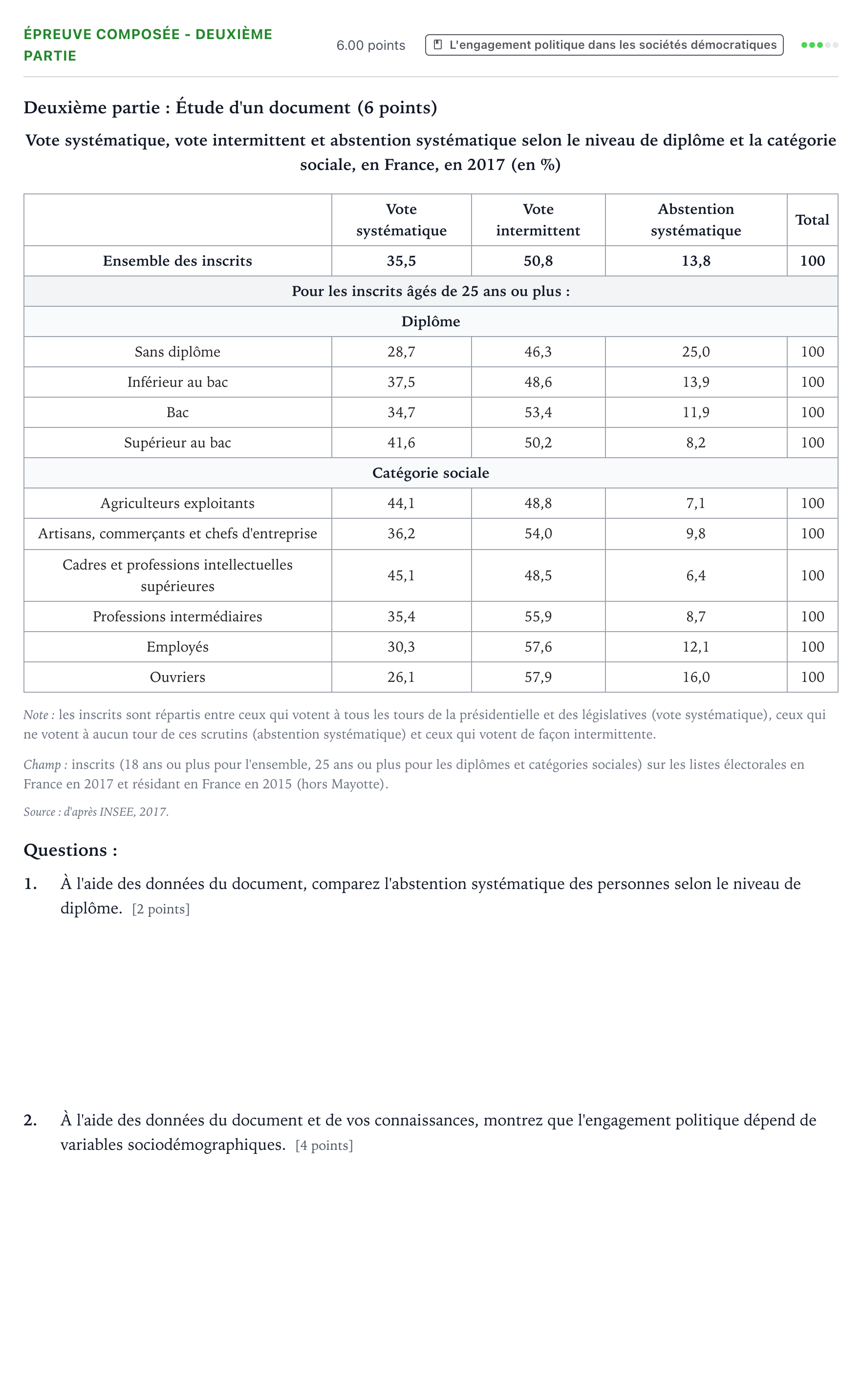 Énoncé: Épreuve composée - Deuxième partie · Bac Sciences Économiques et Sociales Amérique du Sud 2023 (jour 2)