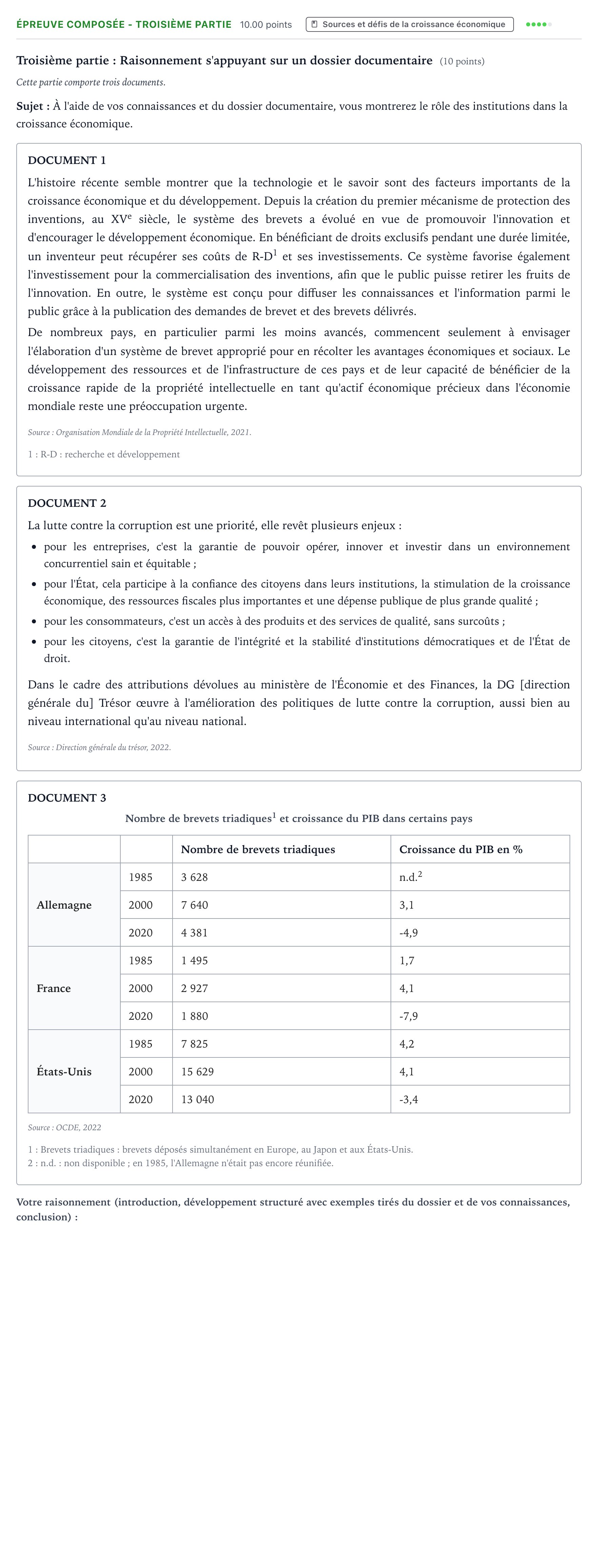 Énoncé: Épreuve composée - Troisième partie · Bac Sciences Économiques et Sociales Amérique du Sud 2023 (jour 2)