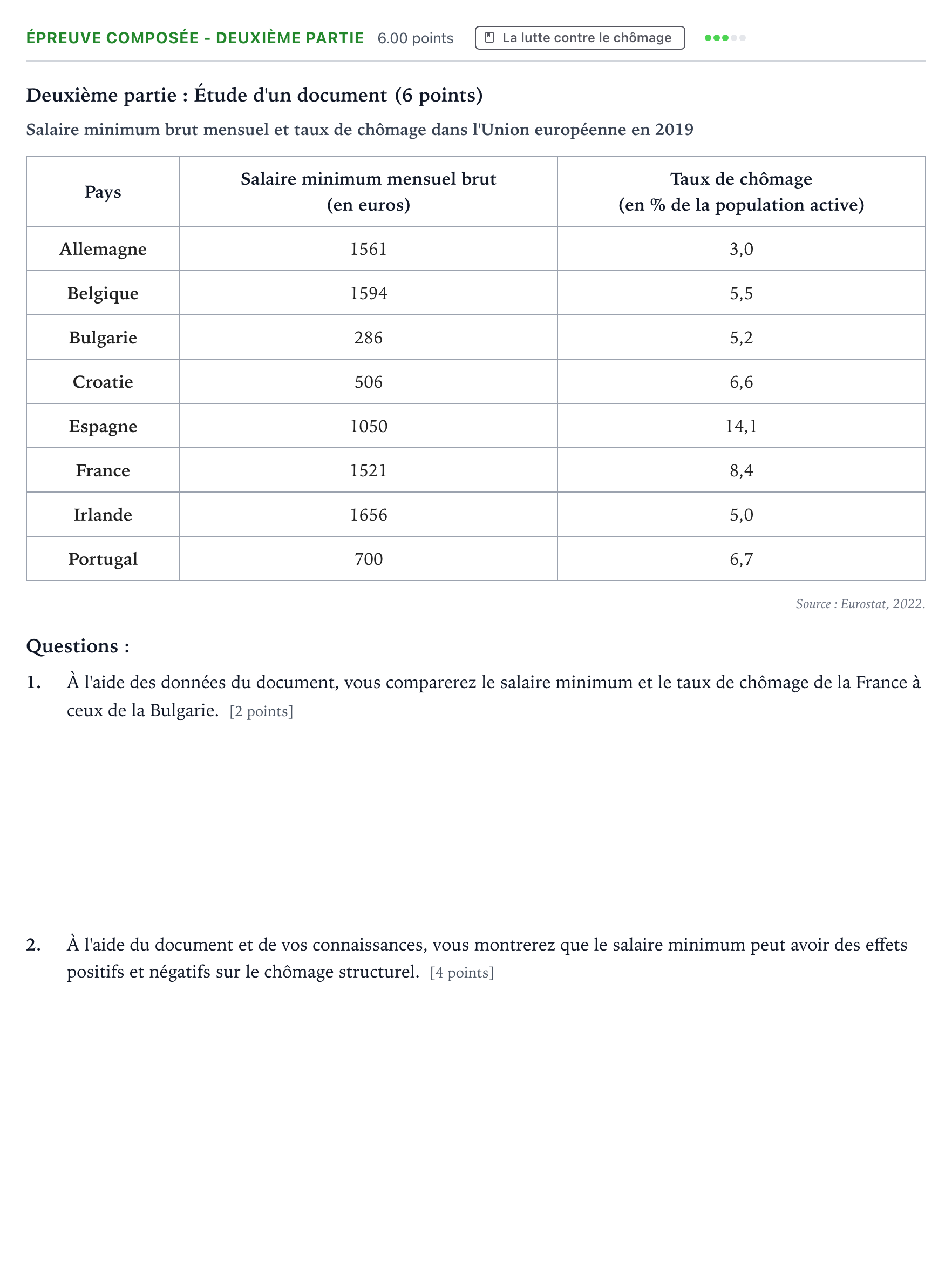 Énoncé: Épreuve composée - Deuxième partie · Bac Sciences Économiques et Sociales Asie 2023 (jour 1)