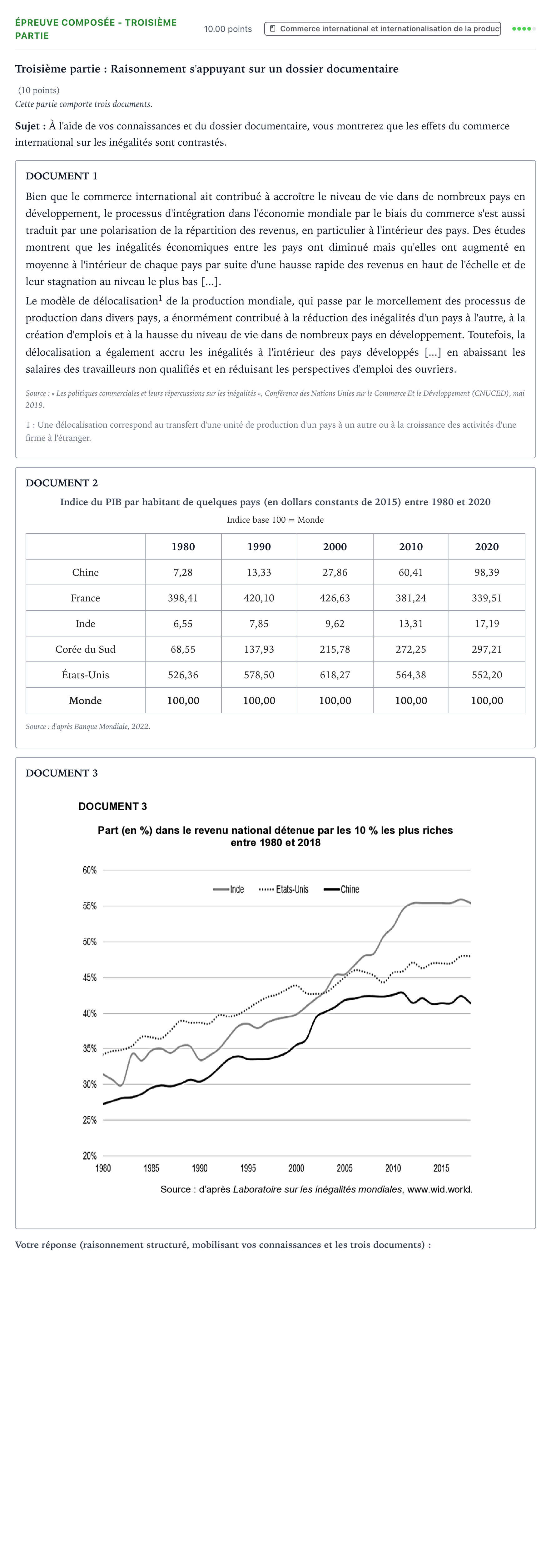 Énoncé: Épreuve composée - Troisième partie · Bac Sciences Économiques et Sociales La Réunion 2023 (jour 2)