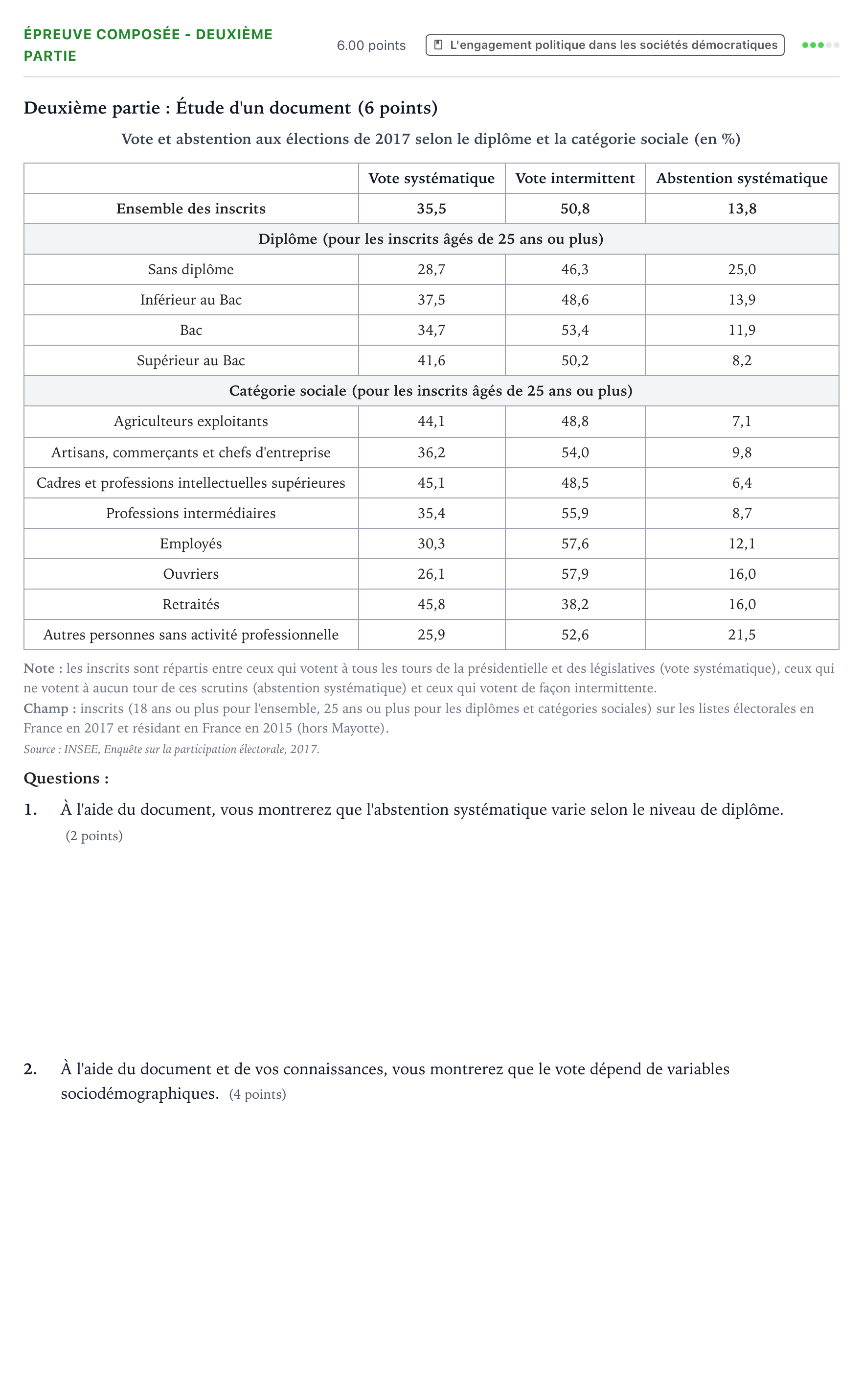 Énoncé: Épreuve composée - Deuxième partie · Bac Sciences Économiques et Sociales Liban 2023 (jour 1)