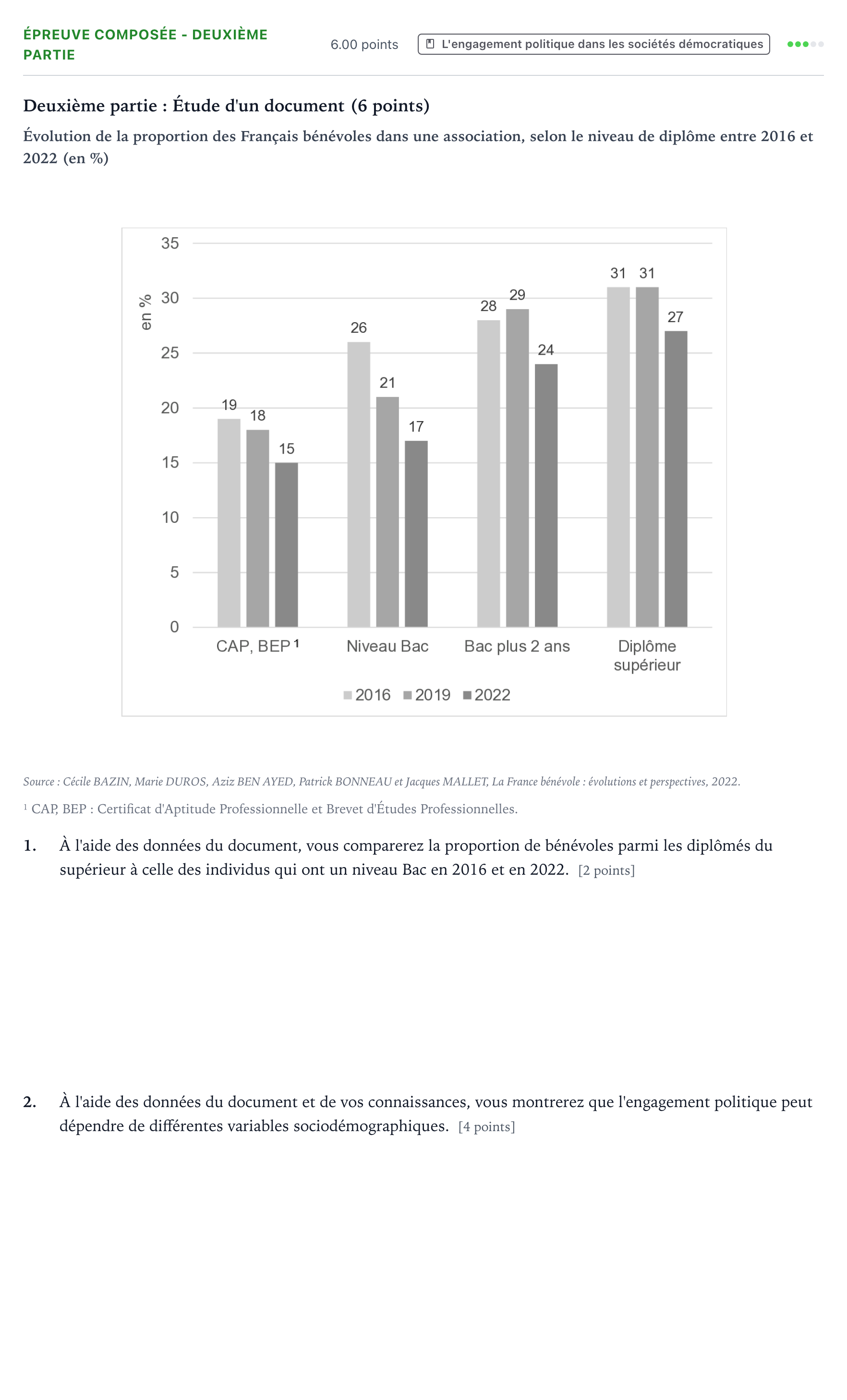 Énoncé: Épreuve composée - Deuxième partie · Bac Sciences Économiques et Sociales Liban 2023 (jour 2)
