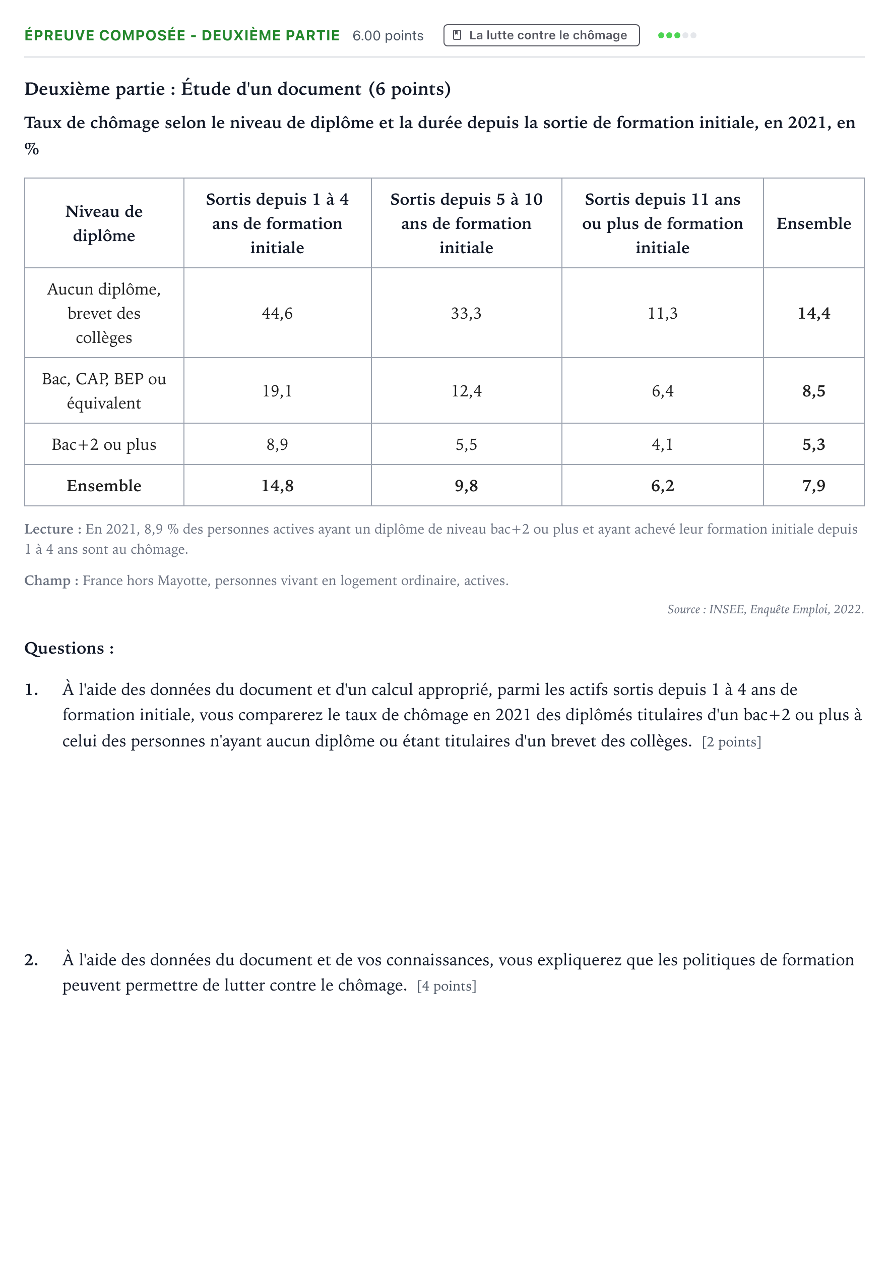 Énoncé: Épreuve composée - Deuxième partie · Bac Sciences Économiques et Sociales Nouvelle-Calédonie 2023 (jour 2)