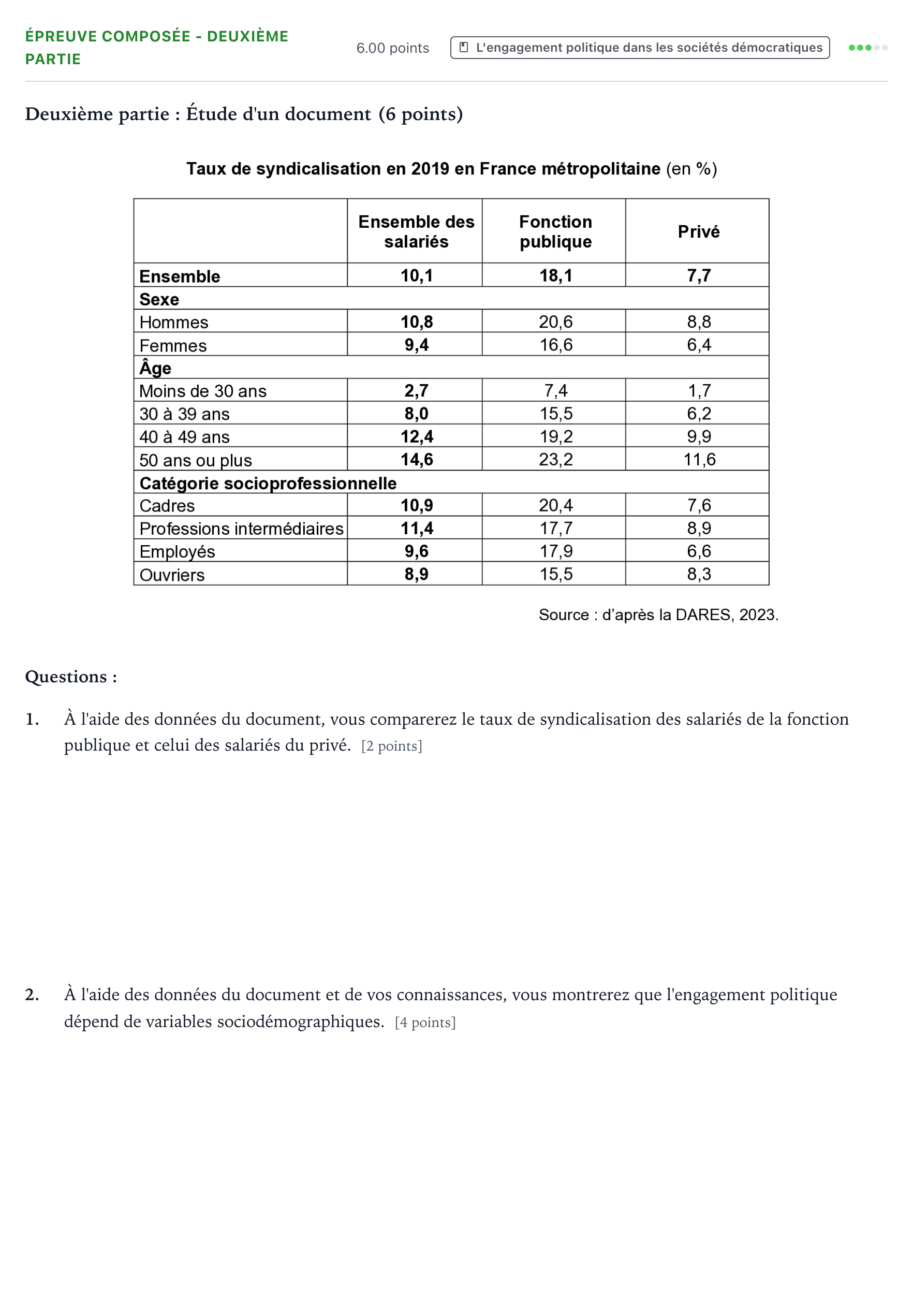 Énoncé: Épreuve composée - Deuxième partie · Bac Sciences Économiques et Sociales Asie 2024 (jour 1)