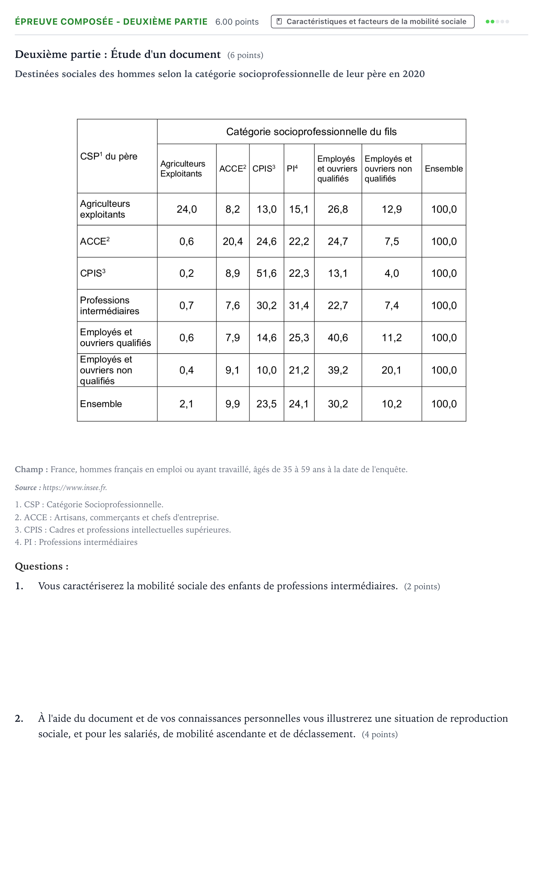 Énoncé: Épreuve composée - Deuxième partie · Bac Sciences Économiques et Sociales Métropole 1 remplacement 2024