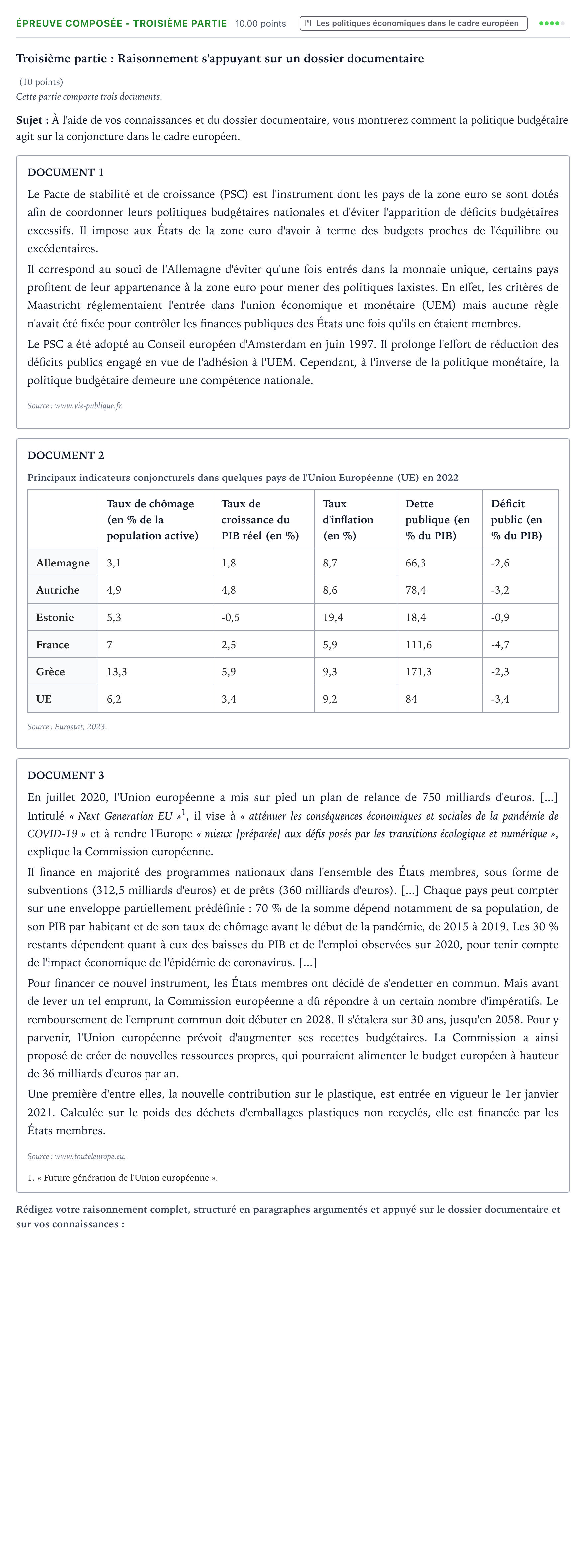Énoncé: Épreuve composée - Troisième partie · Bac Sciences Économiques et Sociales Métropole 1 remplacement 2024