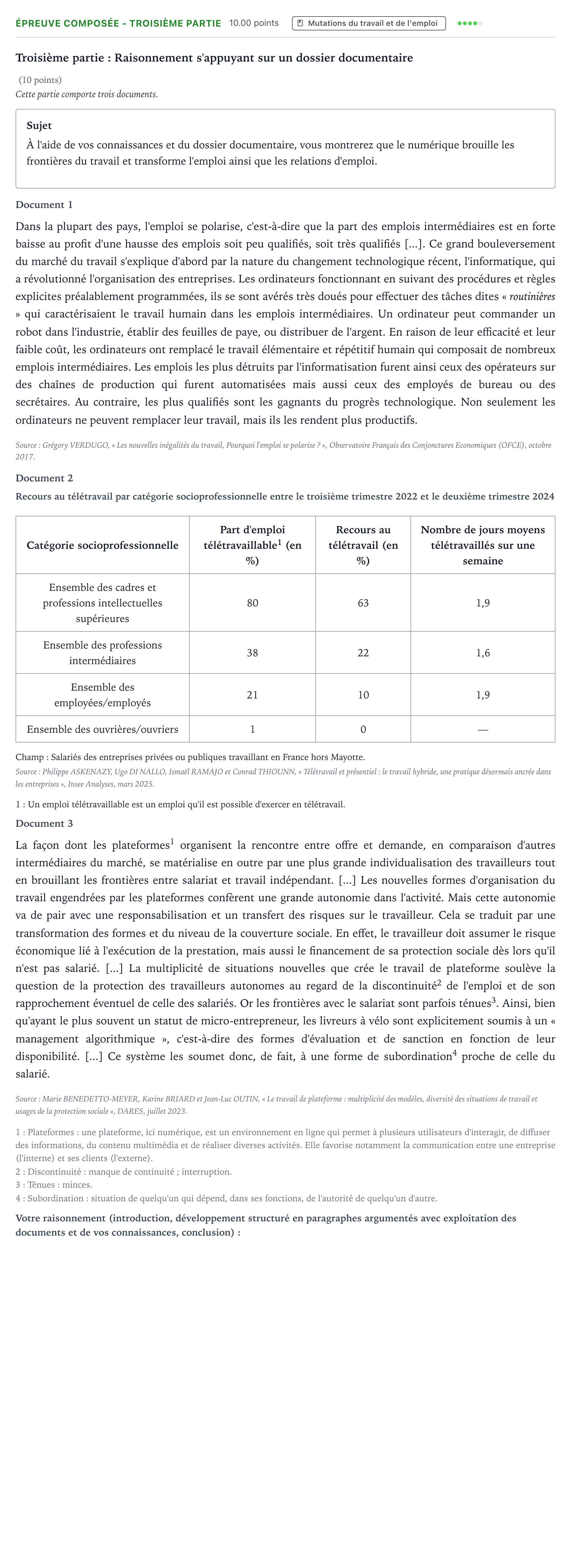 Énoncé: Épreuve composée - Troisième partie · Bac Sciences Économiques et Sociales Amérique du Nord 2026 (jour 1)