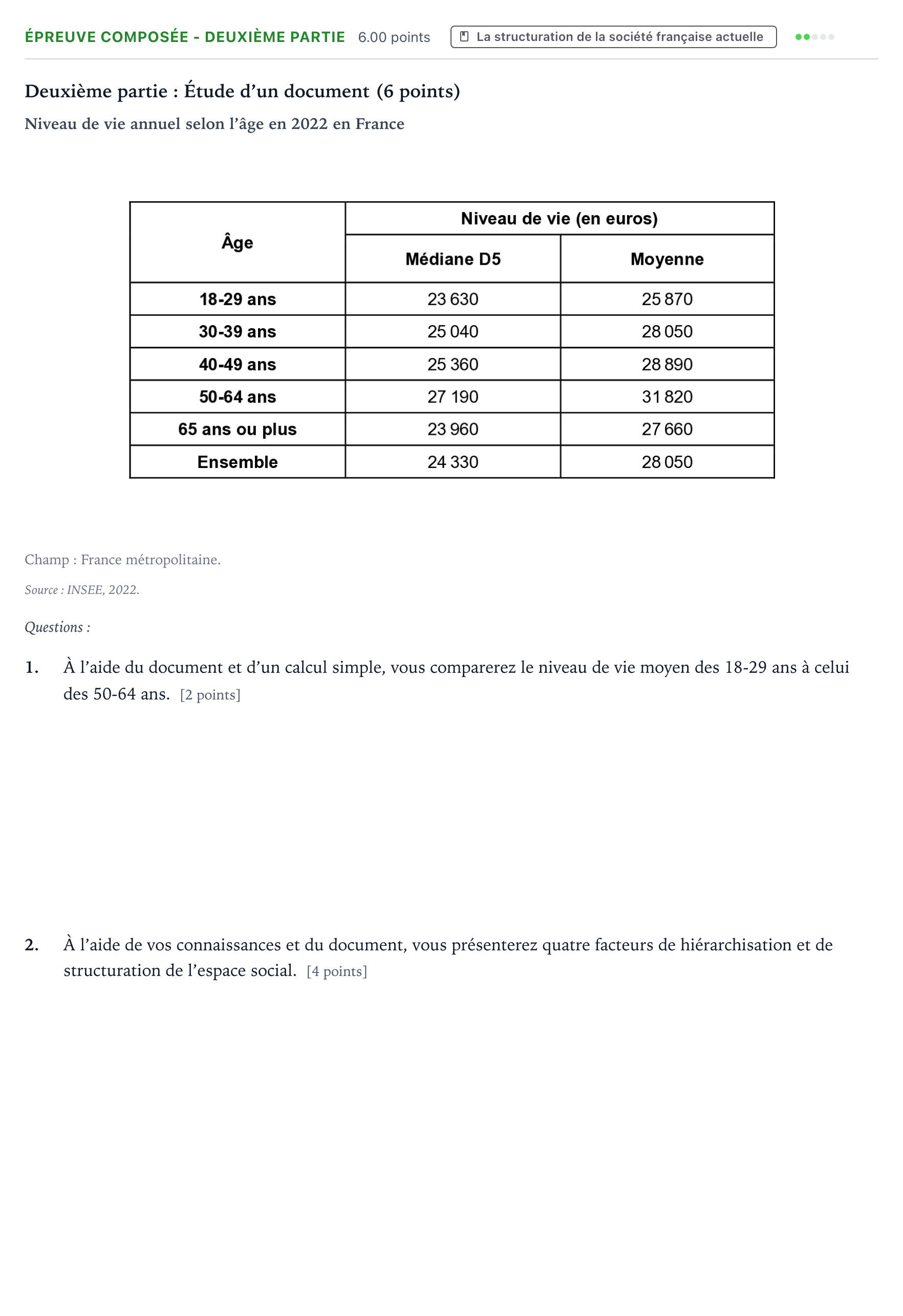 Énoncé: Épreuve composée - Deuxième partie · Bac Sciences Économiques et Sociales Antilles-Guyane 2026 (jour 2)