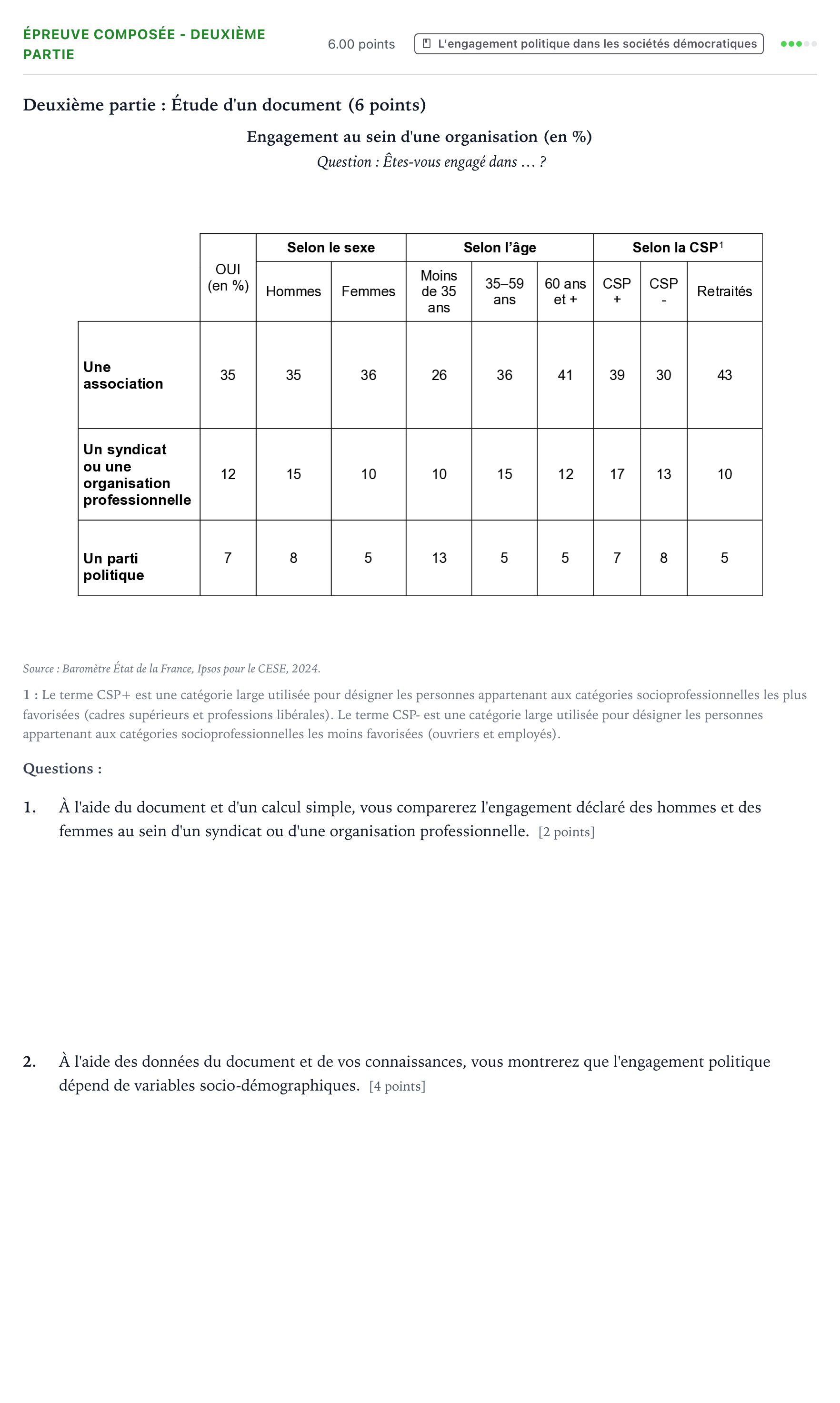 Énoncé: Épreuve composée - Deuxième partie · Bac Sciences Économiques et Sociales Polynésie 2026 (jour 2)