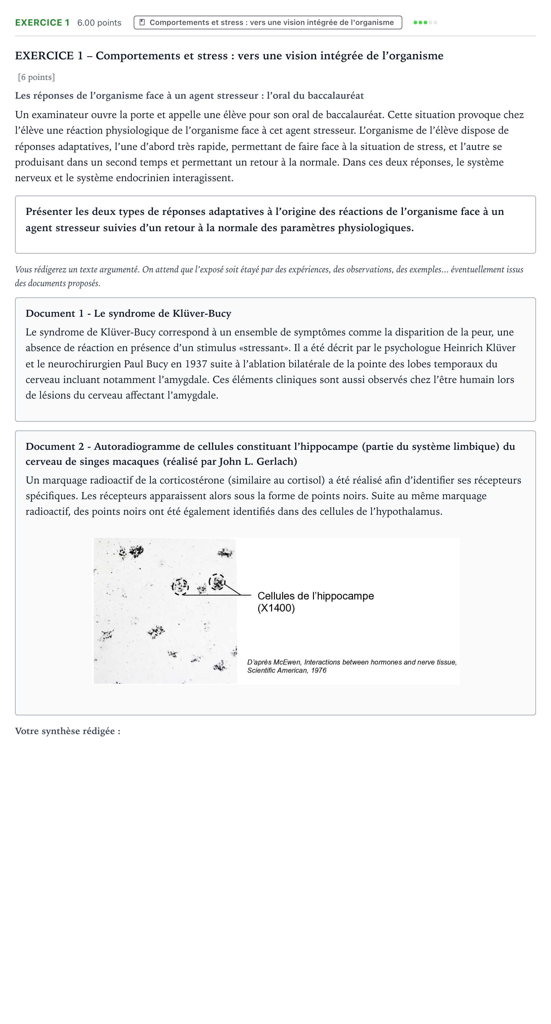 Énoncé: Exercice 1 - Comportements et stress · Bac Sciences de la Vie et de la Terre Amérique du Sud 2021 (jour 1)