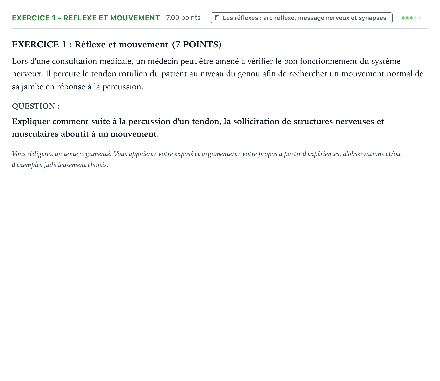 Énoncé: Exercice 1 - Réflexe et mouvement · Bac Sciences de la Vie et de la Terre Métropole Candidat libre 2021 (sujet 1)
