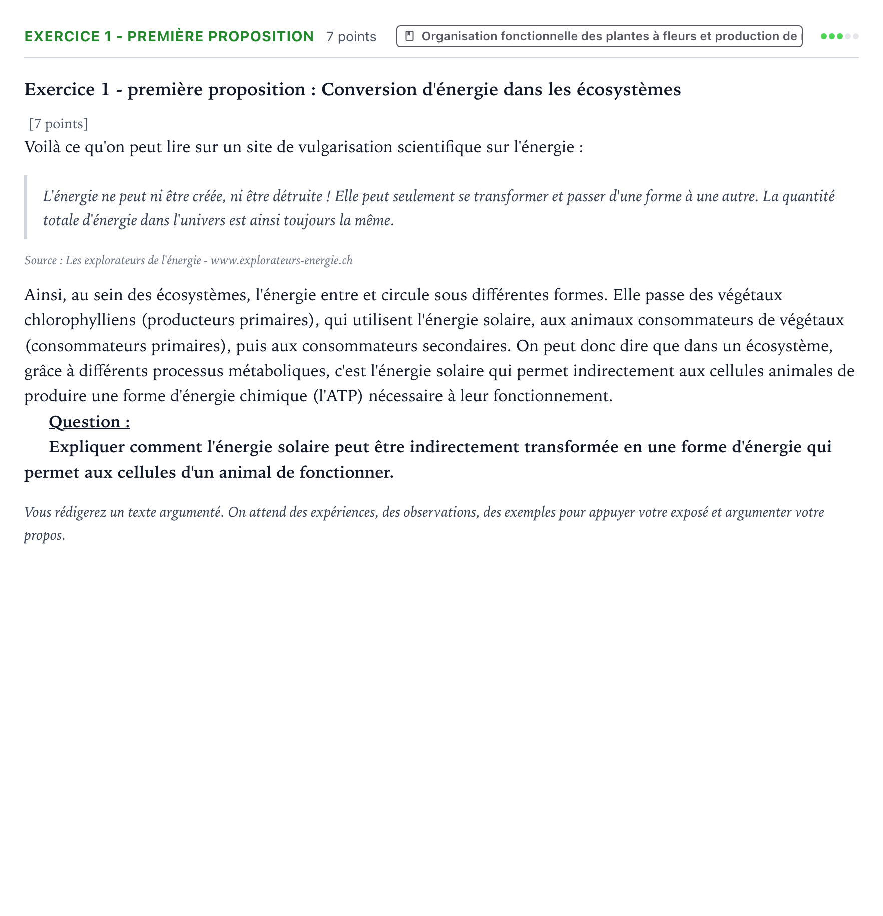 Énoncé: Exercice 1 - Première proposition · Bac Sciences de la Vie et de la Terre Métropole 1 remplacement 2022