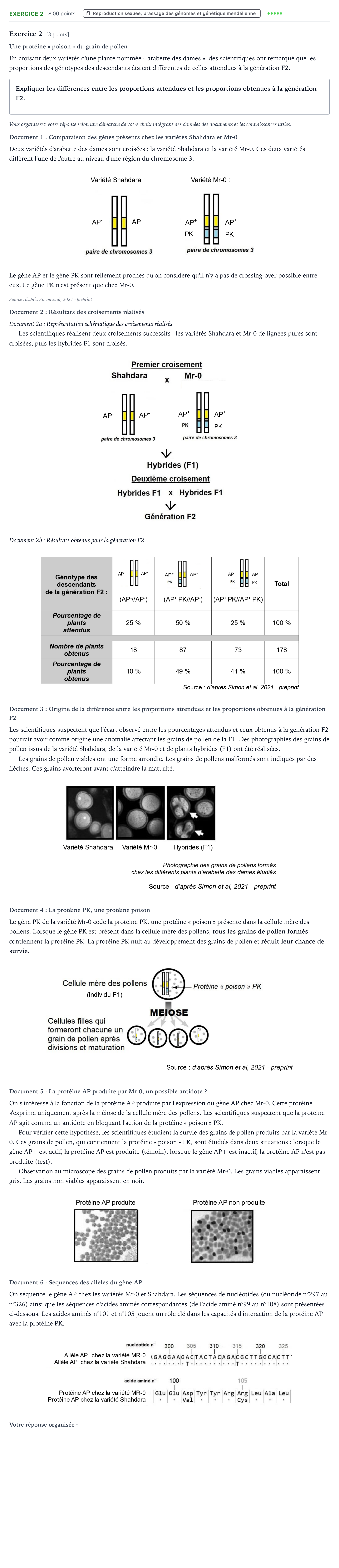 Énoncé: Exercice 2 · Bac Sciences de la Vie et de la Terre Asie 2024 (jour 2)