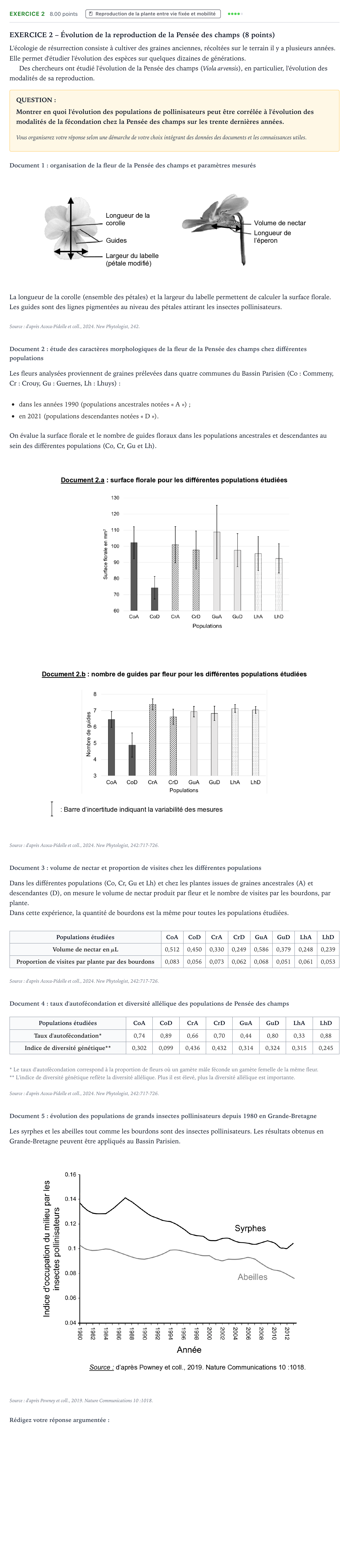 Énoncé: Exercice 2 · Bac Sciences de la Vie et de la Terre Nouvelle-Calédonie 2025 (jour 2)