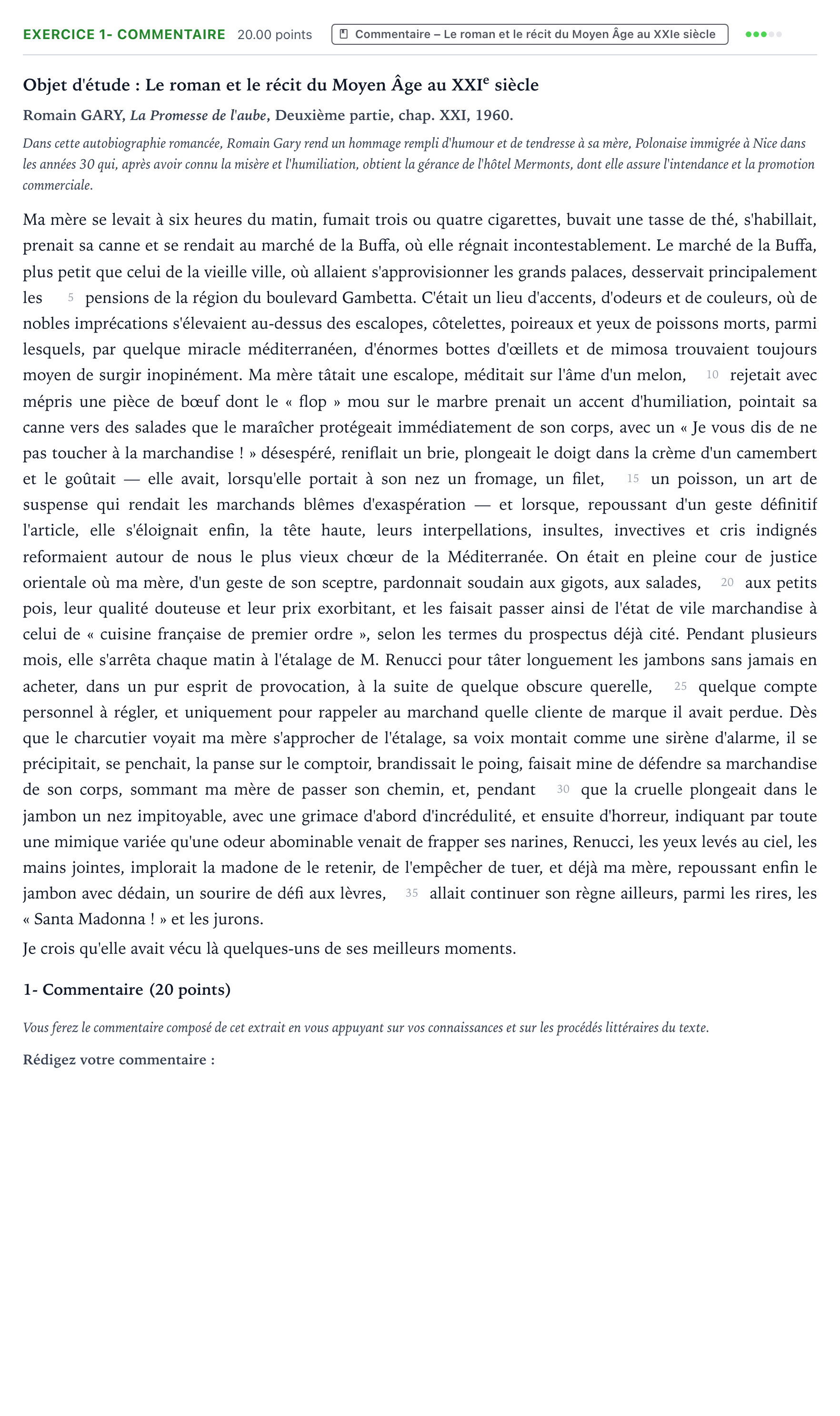 Énoncé: Exercice 1- Commentaire · Bac Français (1ère) Antilles-Guyane remplacement 2021