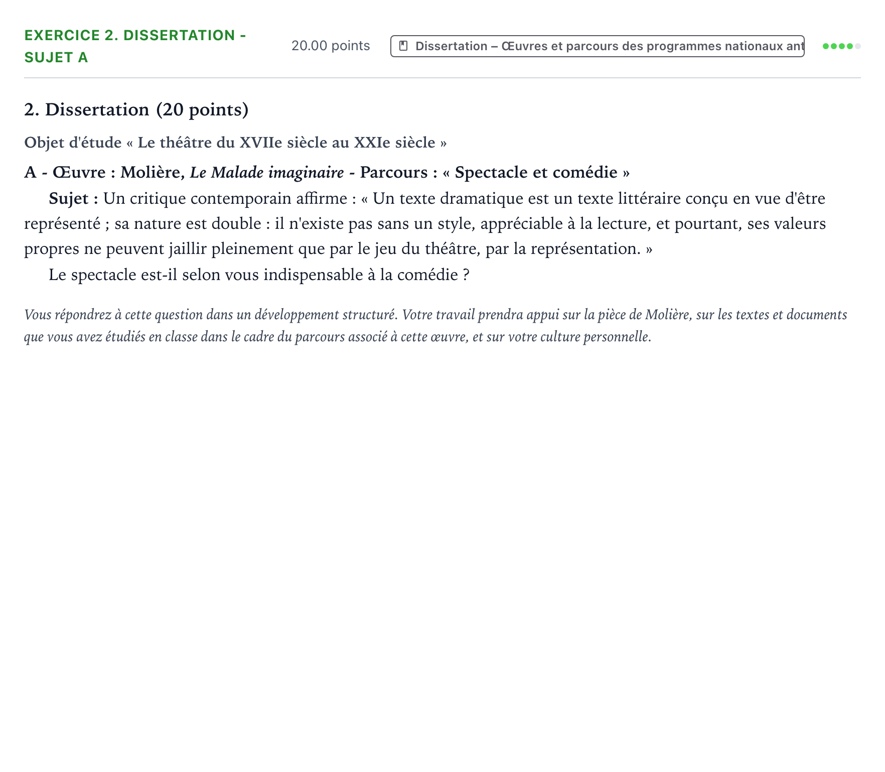Énoncé: Exercice 2. Dissertation - Sujet A · Bac Français (1ère) Polynésie 2021 (jour 1)
