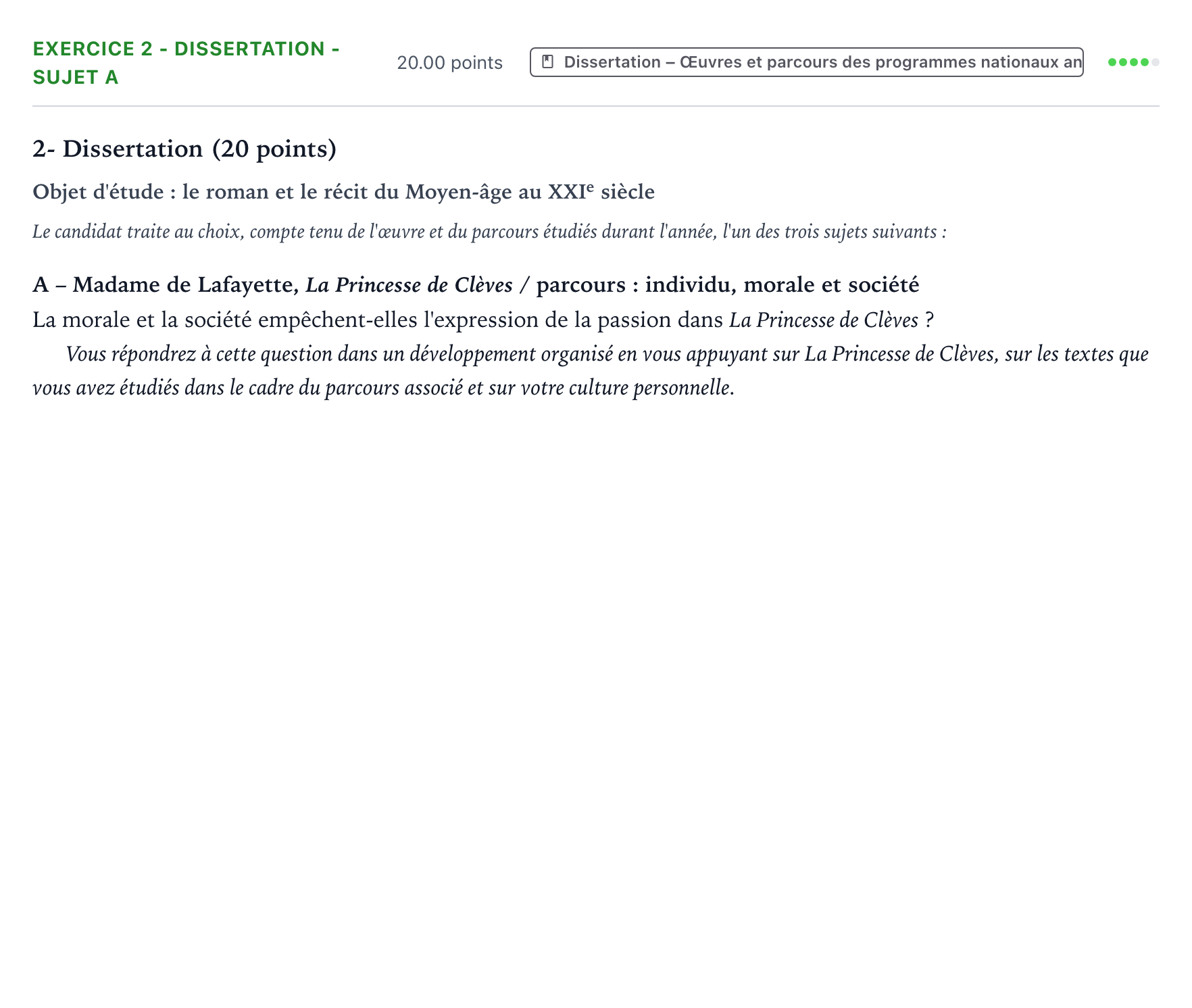Énoncé: Exercice 2 - Dissertation - Sujet A · Bac Français (1ère) Amérique du Sud session normale 2022