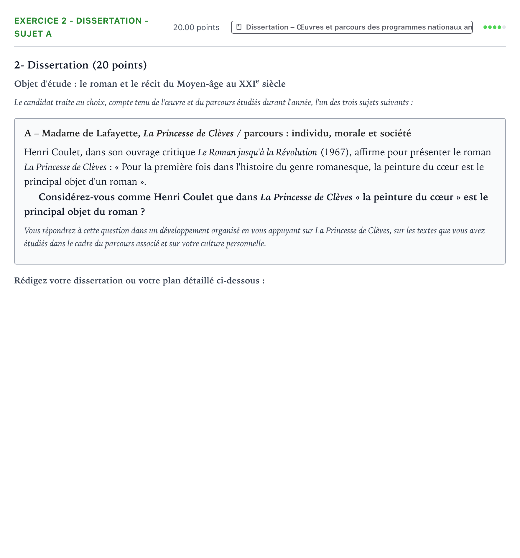 Énoncé: Exercice 2 - Dissertation - Sujet A · Bac Français (1ère) Asie session normale 2022