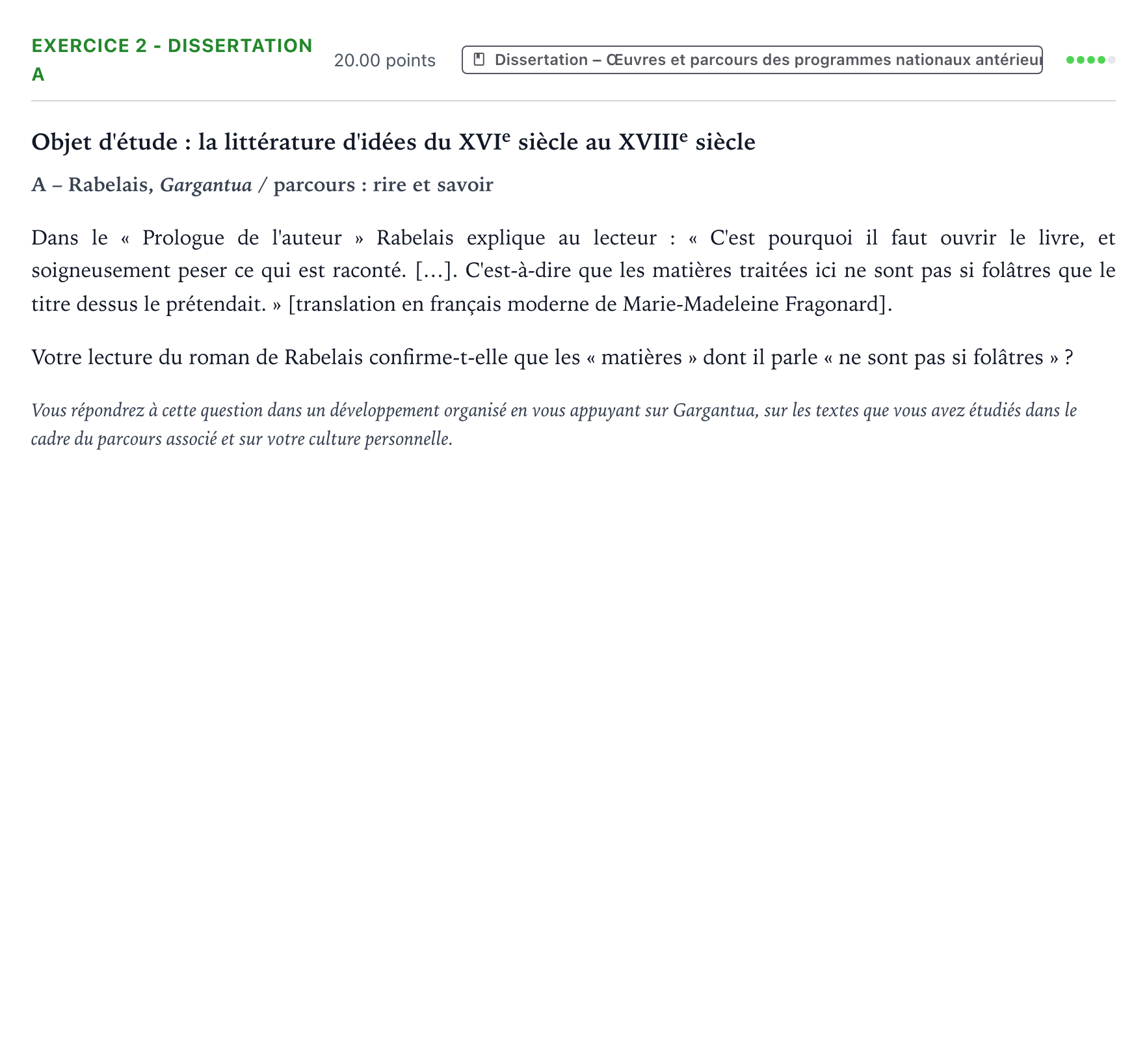 Énoncé: Exercice 2 - Dissertation A · Bac Français (1ère) Polynésie remplacement 2022