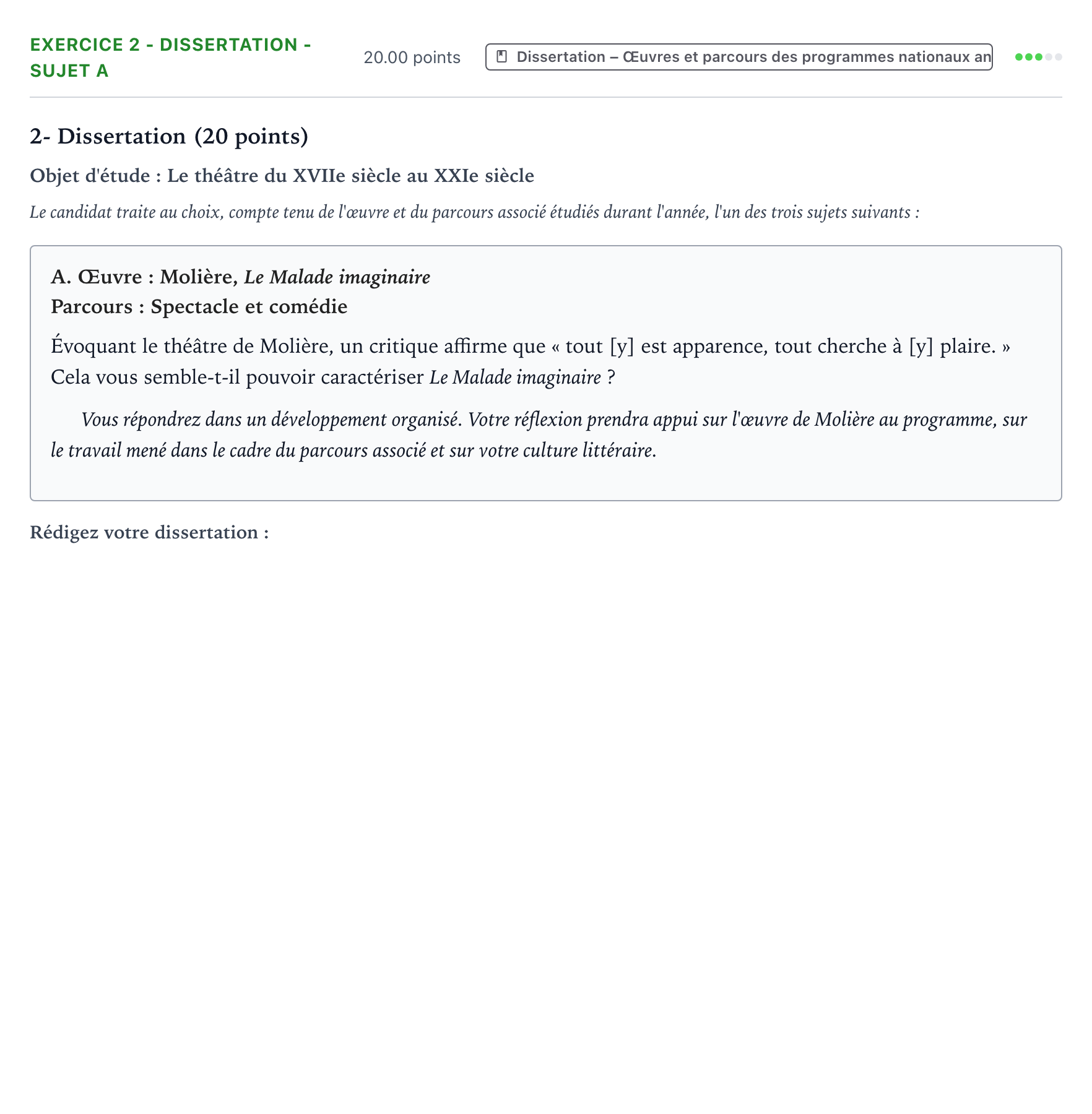 Énoncé: Exercice 2 - Dissertation - Sujet A · Bac Français (1ère) Centres étrangers (Afrique) session normale 2023