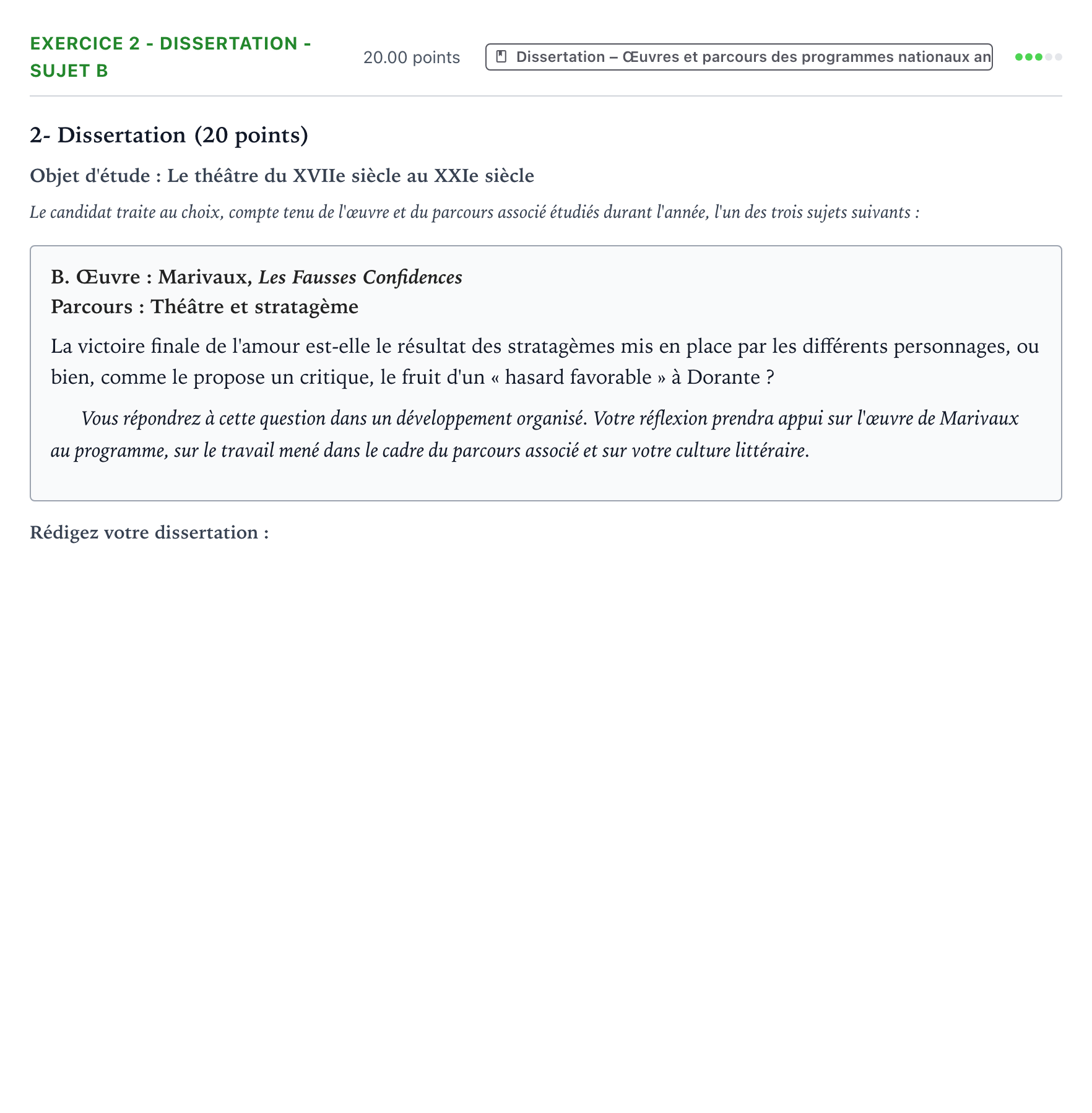 Énoncé: Exercice 2 - Dissertation - Sujet B · Bac Français (1ère) Centres étrangers (Afrique) session normale 2023