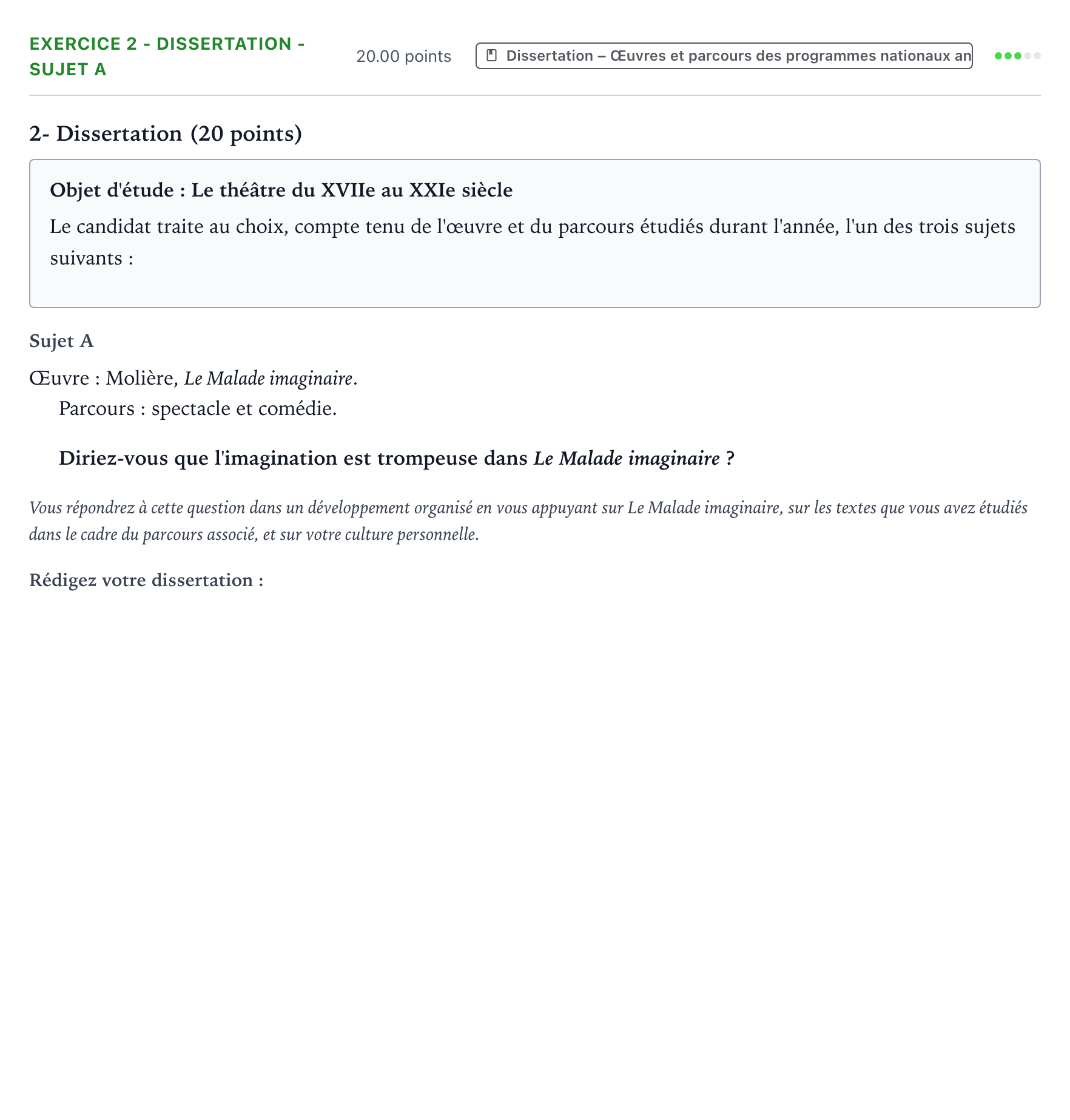 Énoncé: Exercice 2 - Dissertation - Sujet A · Bac Français (1ère) Métropole remplacement 2023