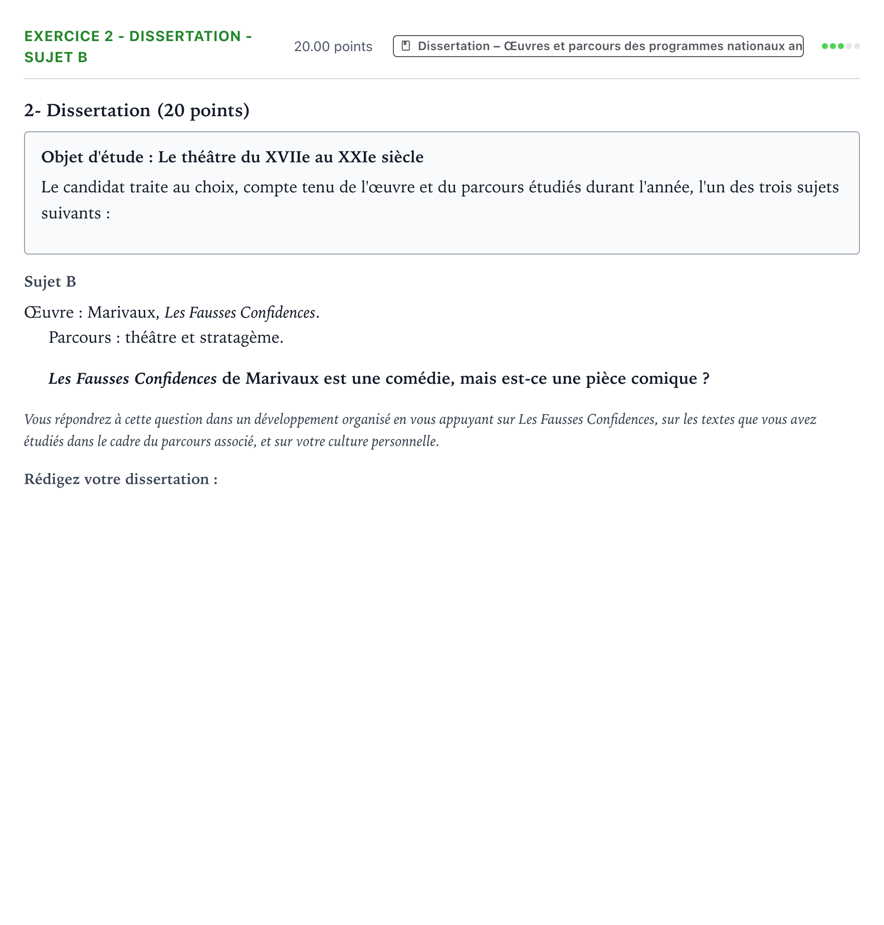 Énoncé: Exercice 2 - Dissertation - Sujet B · Bac Français (1ère) Métropole remplacement 2023