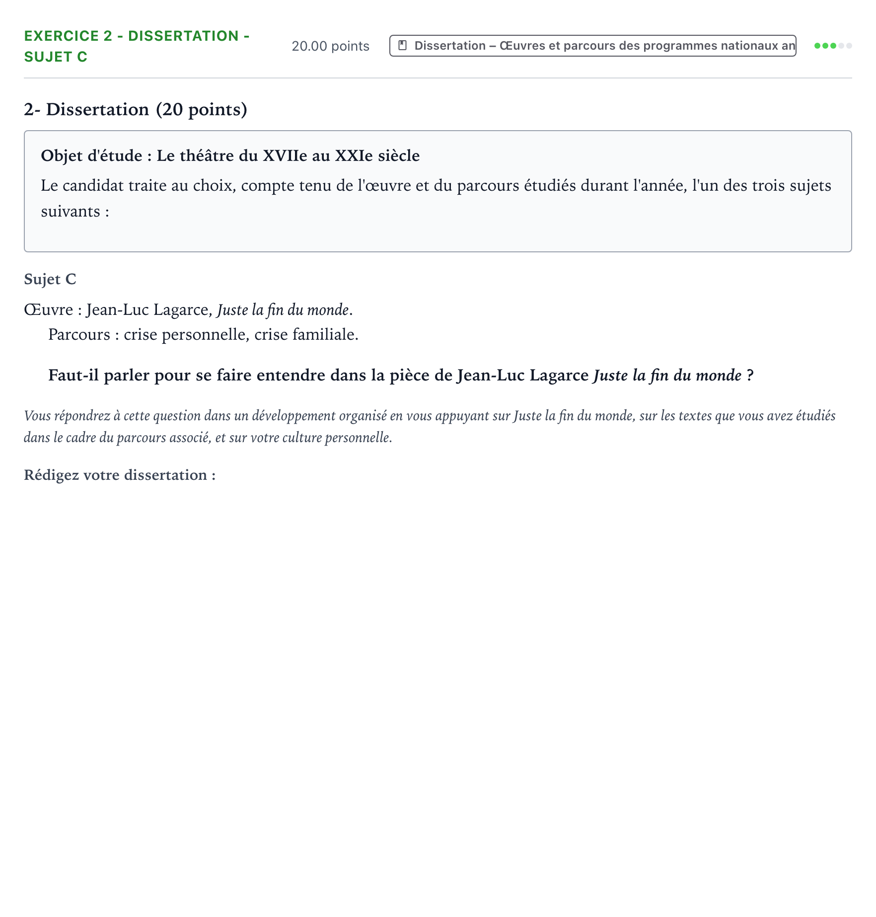 Énoncé: Exercice 2 - Dissertation - Sujet C · Bac Français (1ère) Métropole remplacement 2023