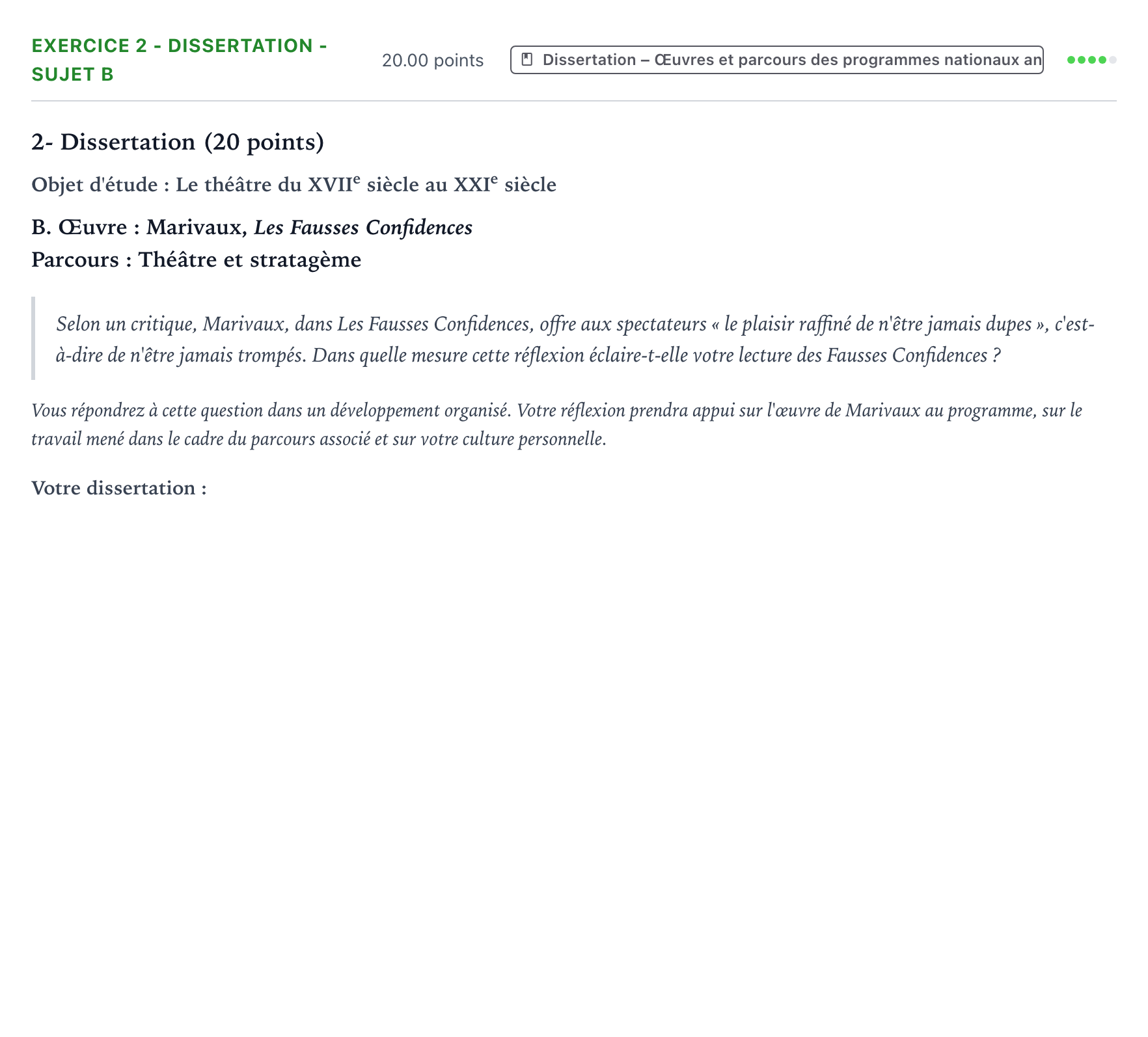 Énoncé: Exercice 2 - Dissertation - Sujet B · Bac Français (1ère) Antilles-Guyane session normale 2024