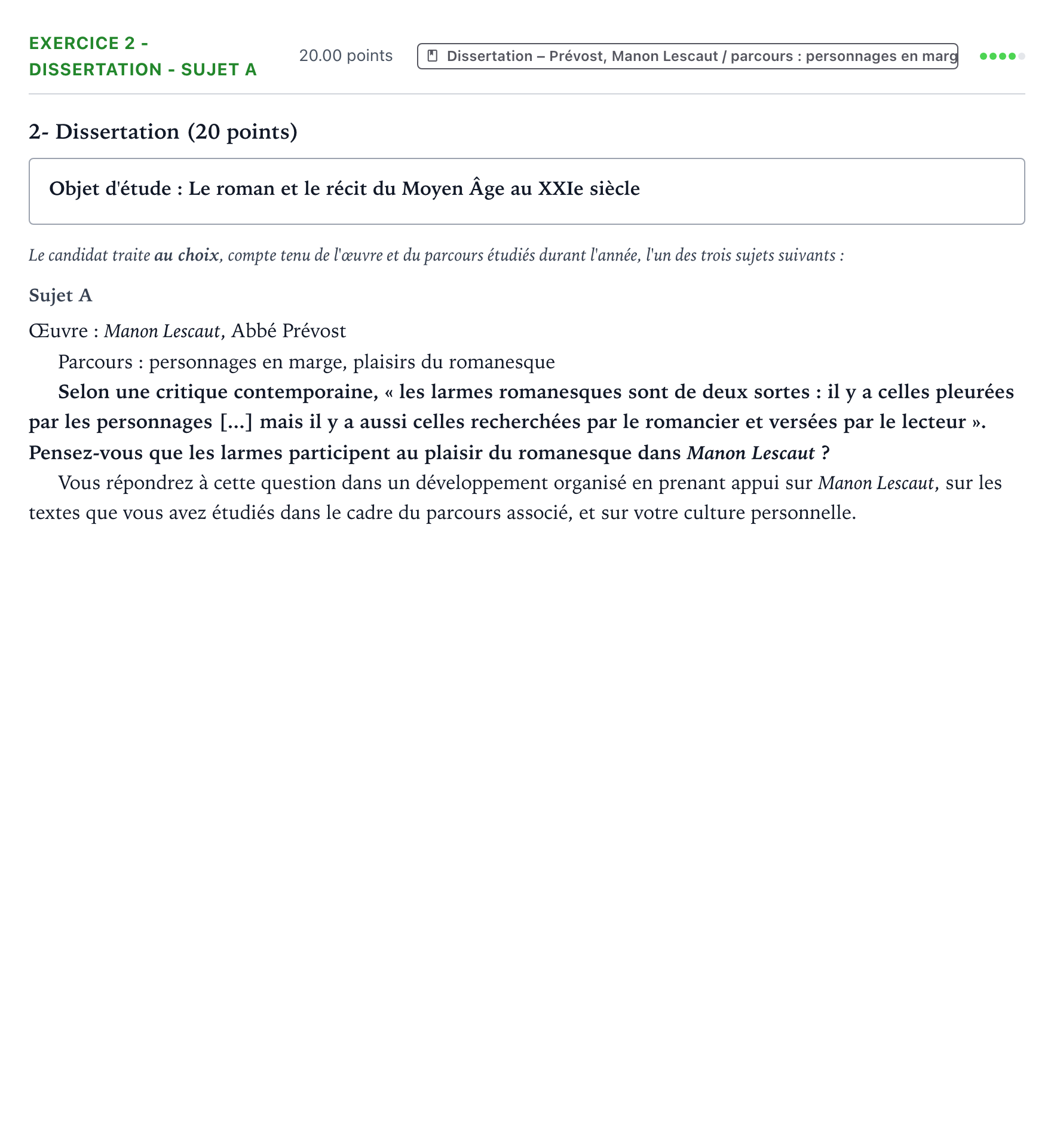 Énoncé: Exercice 2 - Dissertation - Sujet A · Bac Français (1ère) Métropole remplacement 2024