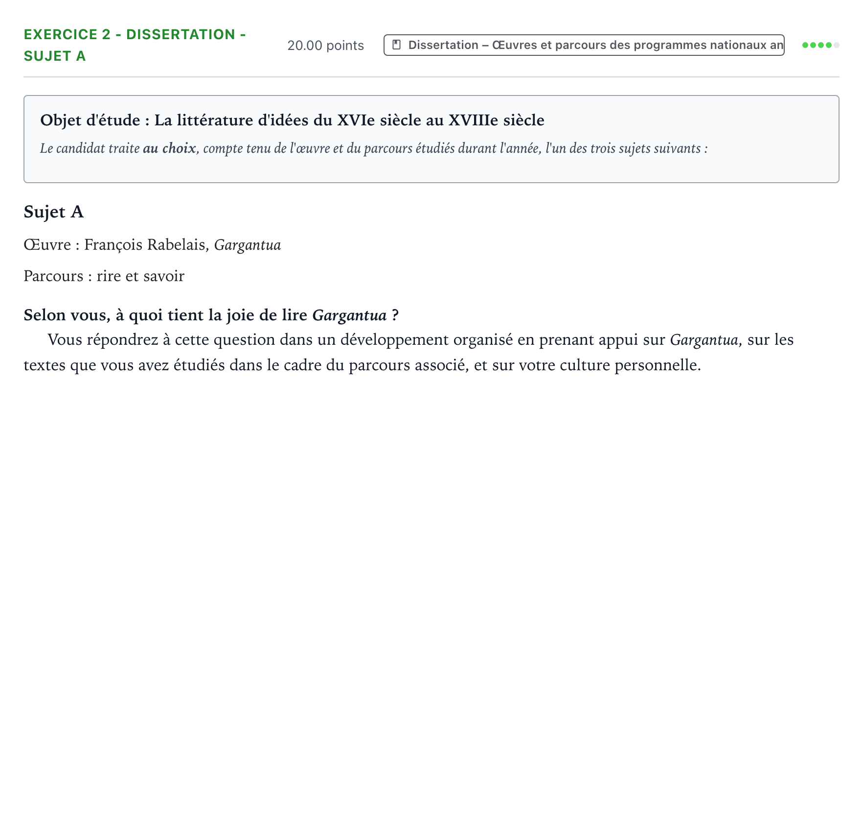 Énoncé: Exercice 2 - Dissertation - Sujet A · Bac Français (1ère) Métropole remplacement 2025