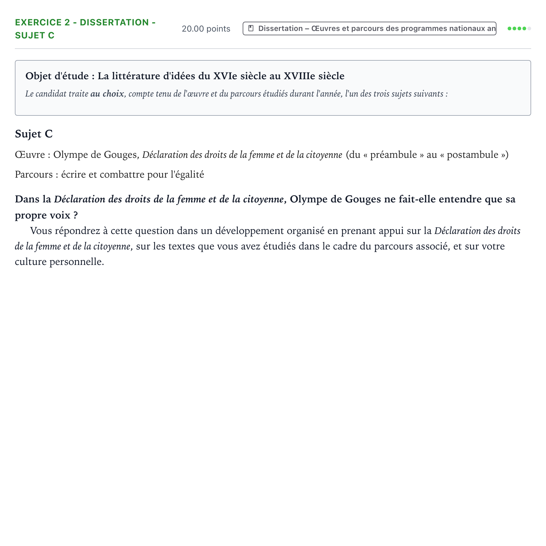 Énoncé: Exercice 2 - Dissertation - Sujet C · Bac Français (1ère) Métropole remplacement 2025
